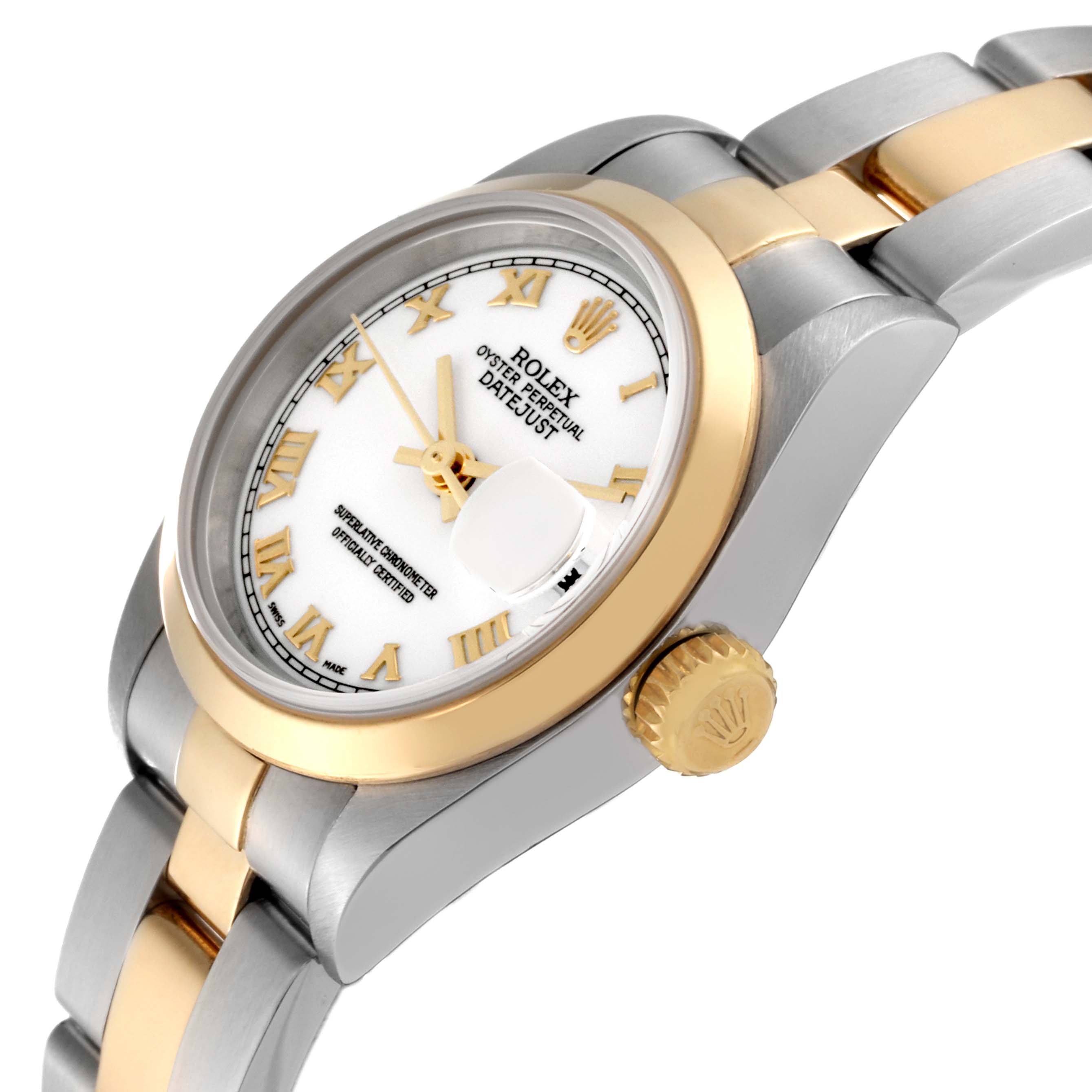 The image shows the side and face of a Rolex Datejust 79163 Women's Steel and Gold (two tone) White Dial 79163 Women's Steel and Gold (two tone) White Dial watch, highlighting the crown, bezel, and bracelet.