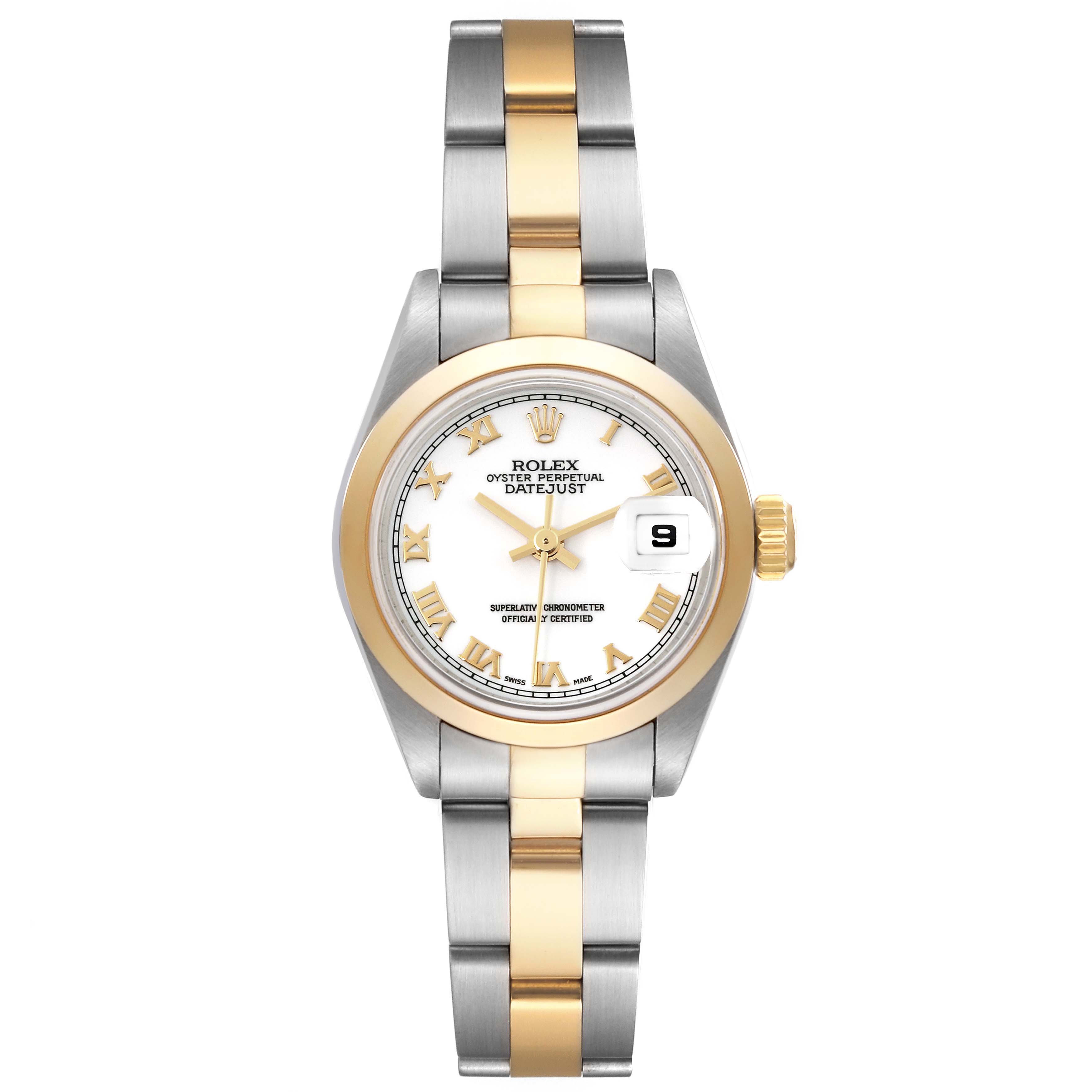 The Rolex Datejust 79163 Women's Steel and Gold (two tone) White Dial 79163 Women's Steel and Gold (two tone) White Dial watch is shown from the front, displaying the dial, hands, crown, case, and bracelet.