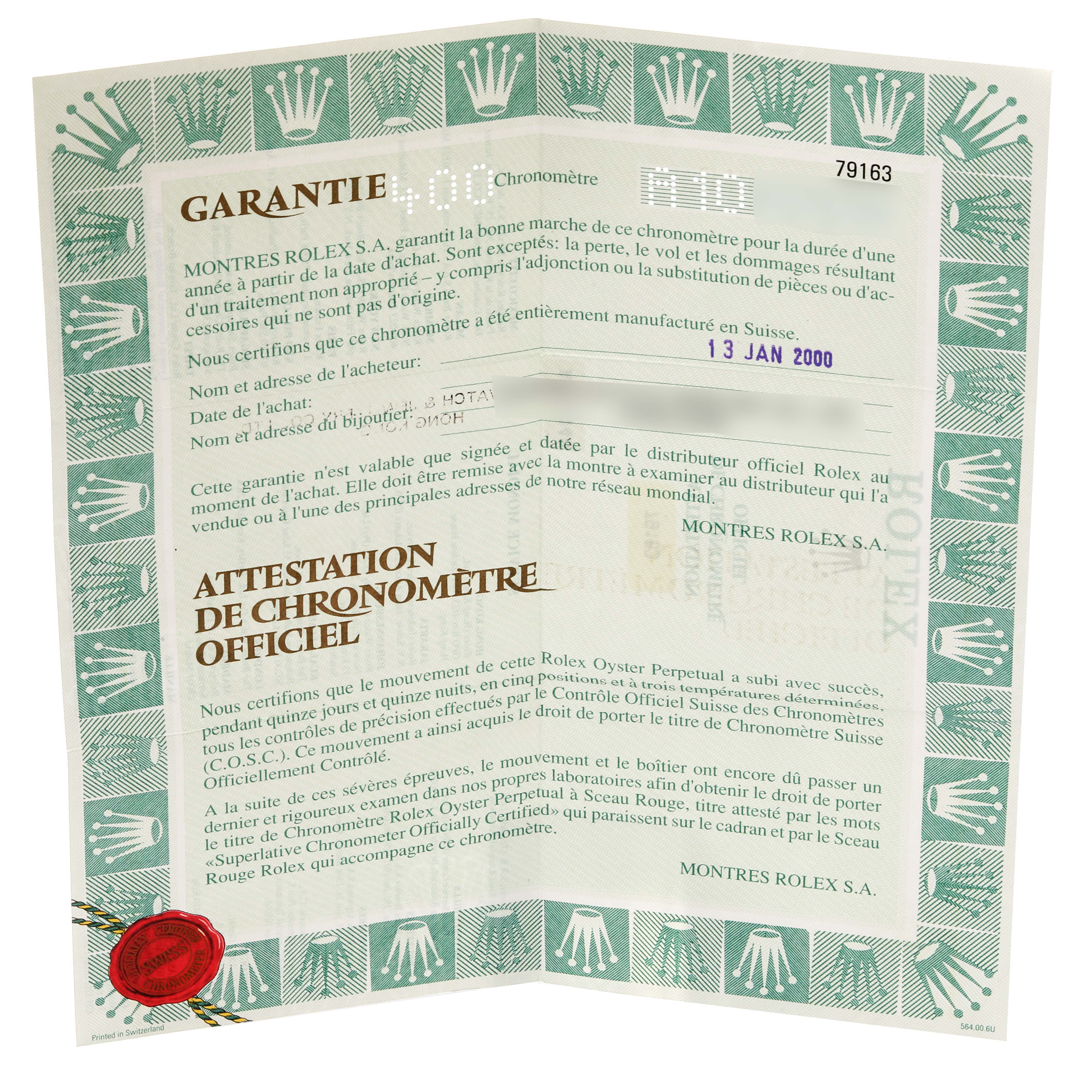 This image shows an unfolded warranty certificate for the Rolex Datejust 79163 Women's Steel and Gold (two tone) White Dial 79163 Women's Steel and Gold (two tone) White Dial model.