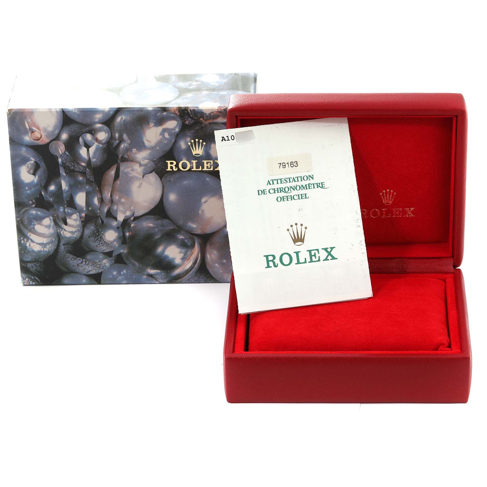 The image shows the box and certificate for a Rolex Datejust 79163 Women's Steel and Gold (two tone) White Dial 79163 Women's Steel and Gold (two tone) White Dial watch, highlighting the packaging and documentation.