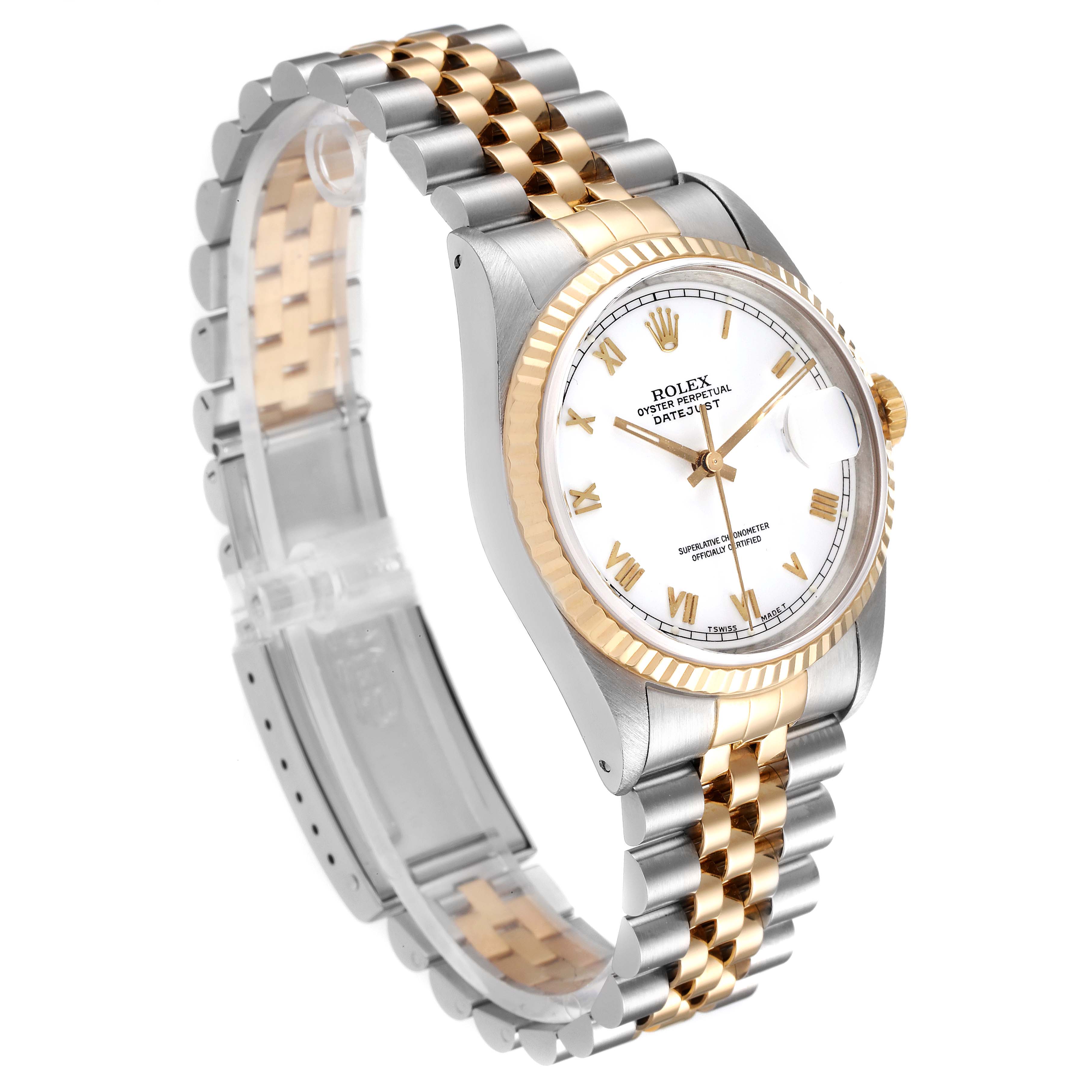This image shows a Rolex Datejust 16233 Men's Steel and Gold (two tone) White Dial 16233 Men's Steel and Gold (two tone) White Dial watch at an angled view, highlighting its gold and silver bracelet, bezel, and white dial.