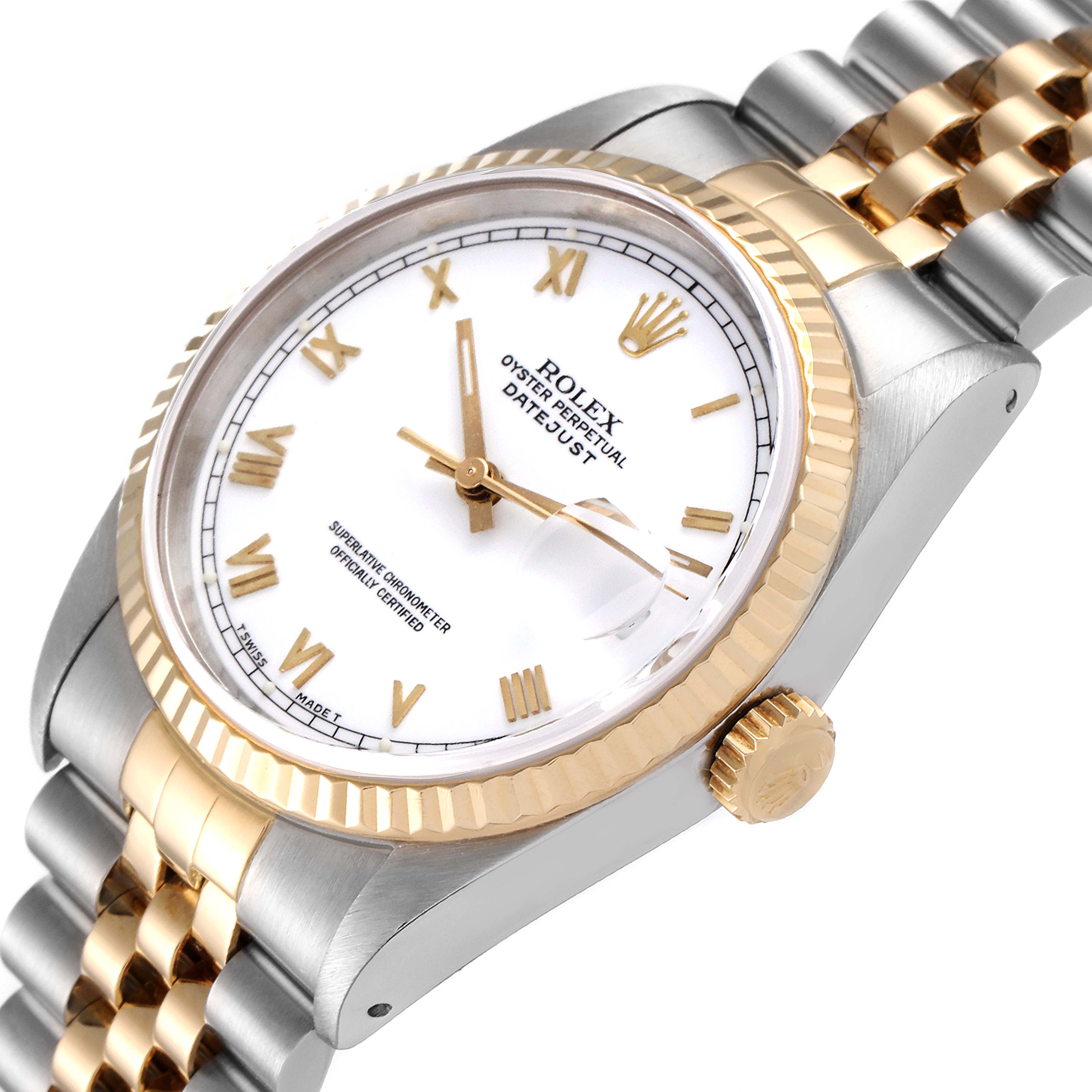 The image shows a Rolex Datejust 16233 Men's Steel and Gold (two tone) White Dial 16233 Men's Steel and Gold (two tone) White Dial watch at an angle highlighting the face, crown, bezel, and part of the bracelet.