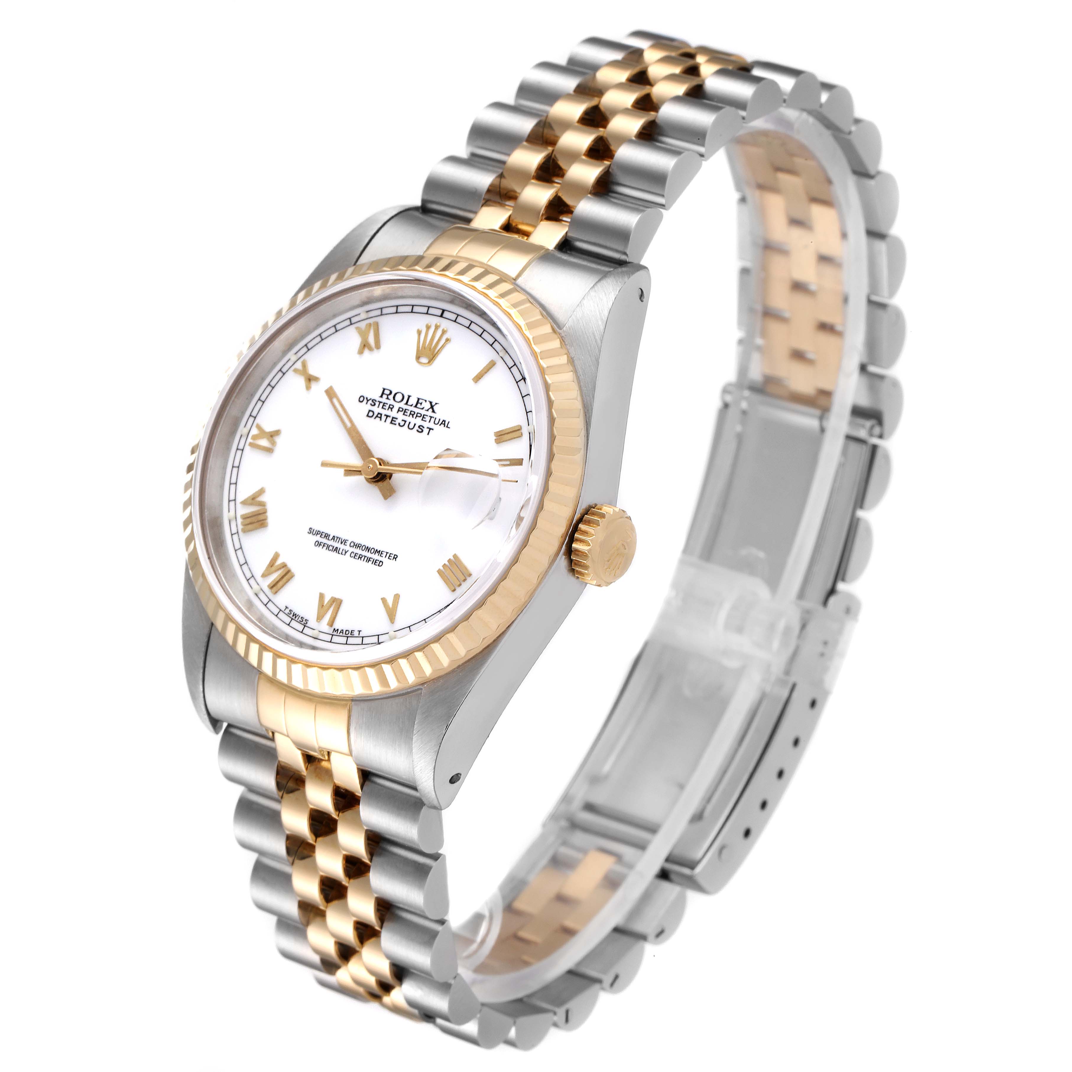 This image shows a front-side angle of a Rolex Datejust 16233 Men's Steel and Gold (two tone) White Dial 16233 Men's Steel and Gold (two tone) White Dial watch, highlighting its two-tone bracelet, fluted bezel, and white dial.