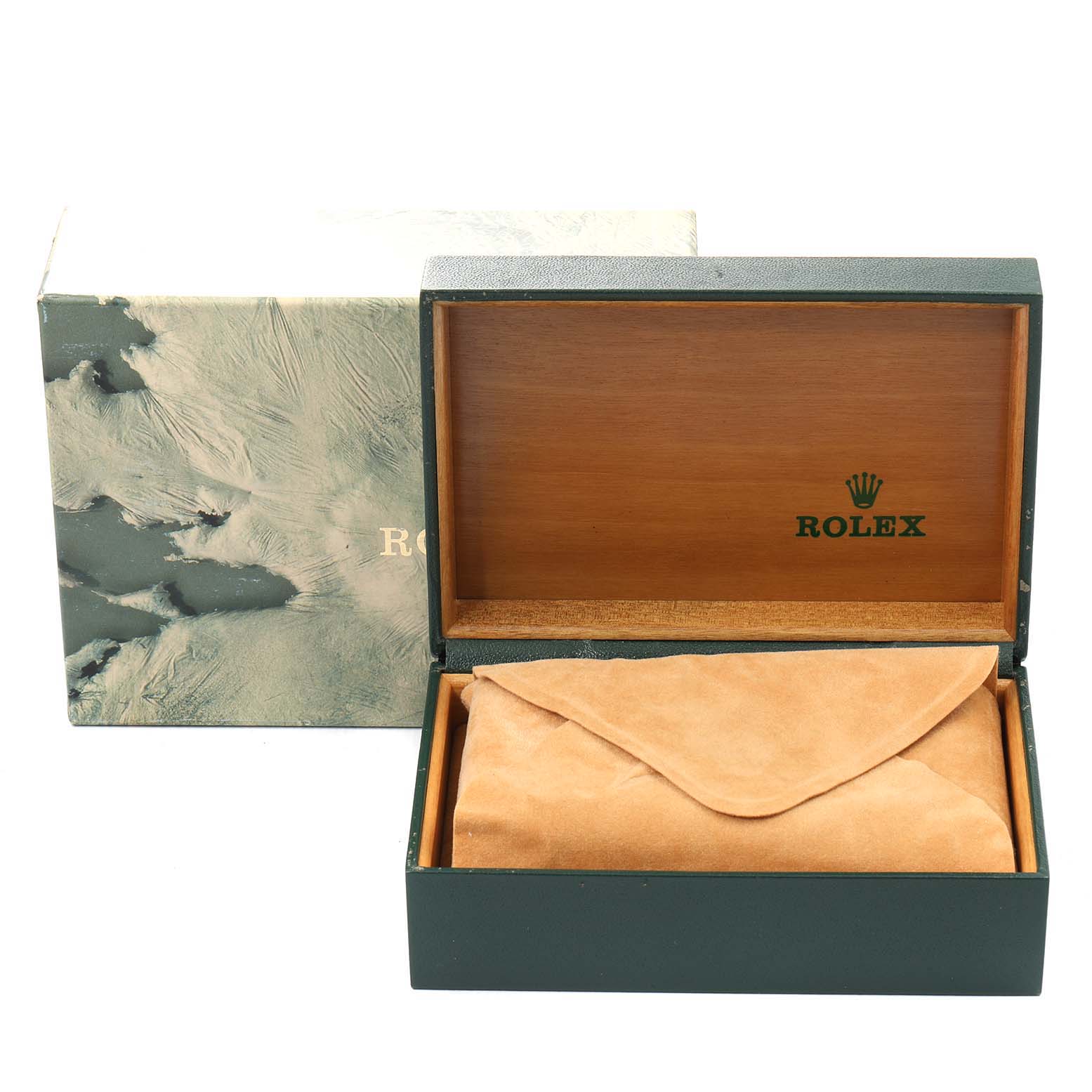 The image shows an open Rolex Datejust 16233 Men's Steel and Gold (two tone) White Dial 16233 Men's Steel and Gold (two tone) White Dial watch box with a green and marbled outer cover and a suede watch pouch inside.