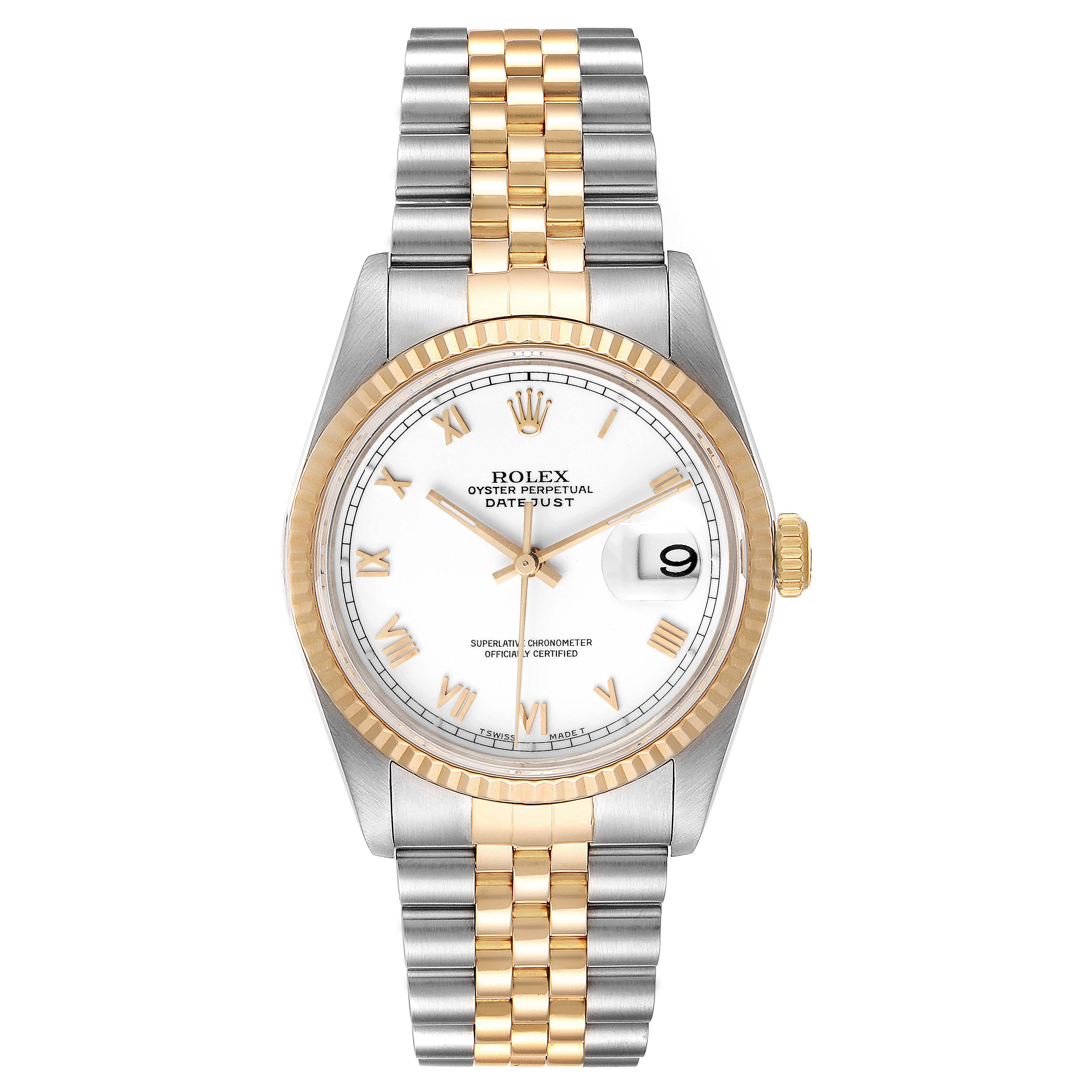 This Rolex Datejust 16233 Men's Steel and Gold (two tone) White Dial 16233 Men's Steel and Gold (two tone) White Dial watch is shown from a front angle, displaying its face, fluted bezel, bracelet, and crown.