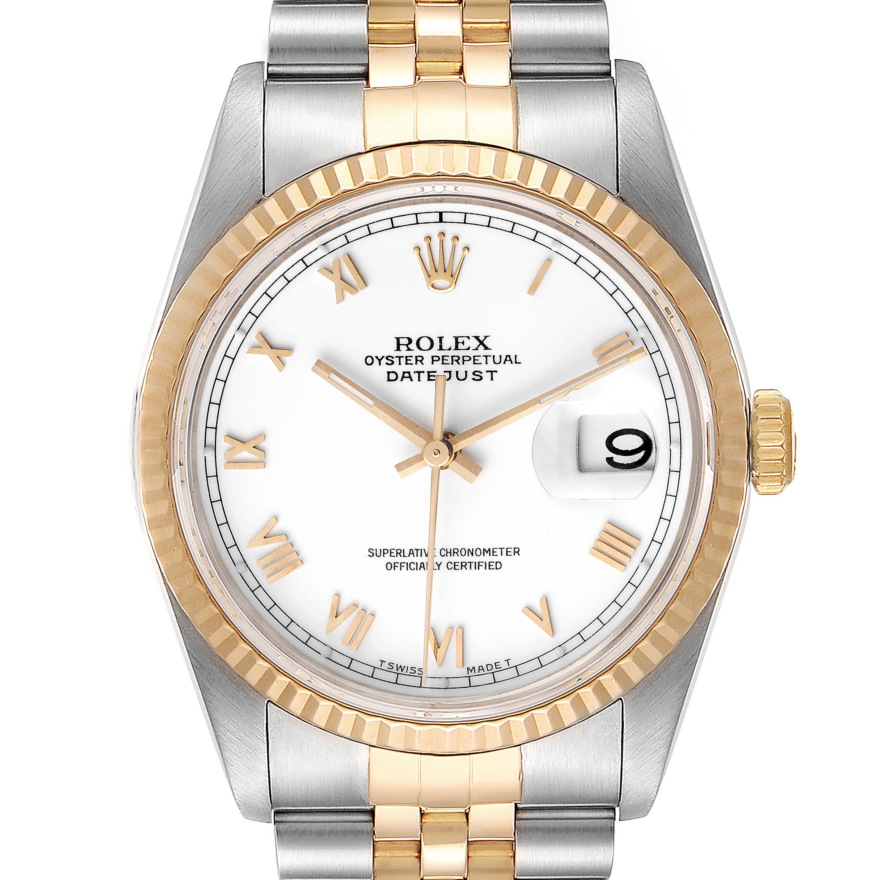 This image shows a front view of the Rolex Datejust 16233 Men's Steel and Gold (two tone) White Dial 16233 Men's Steel and Gold (two tone) White Dial watch, highlighting the face, bezel, and bracelet.