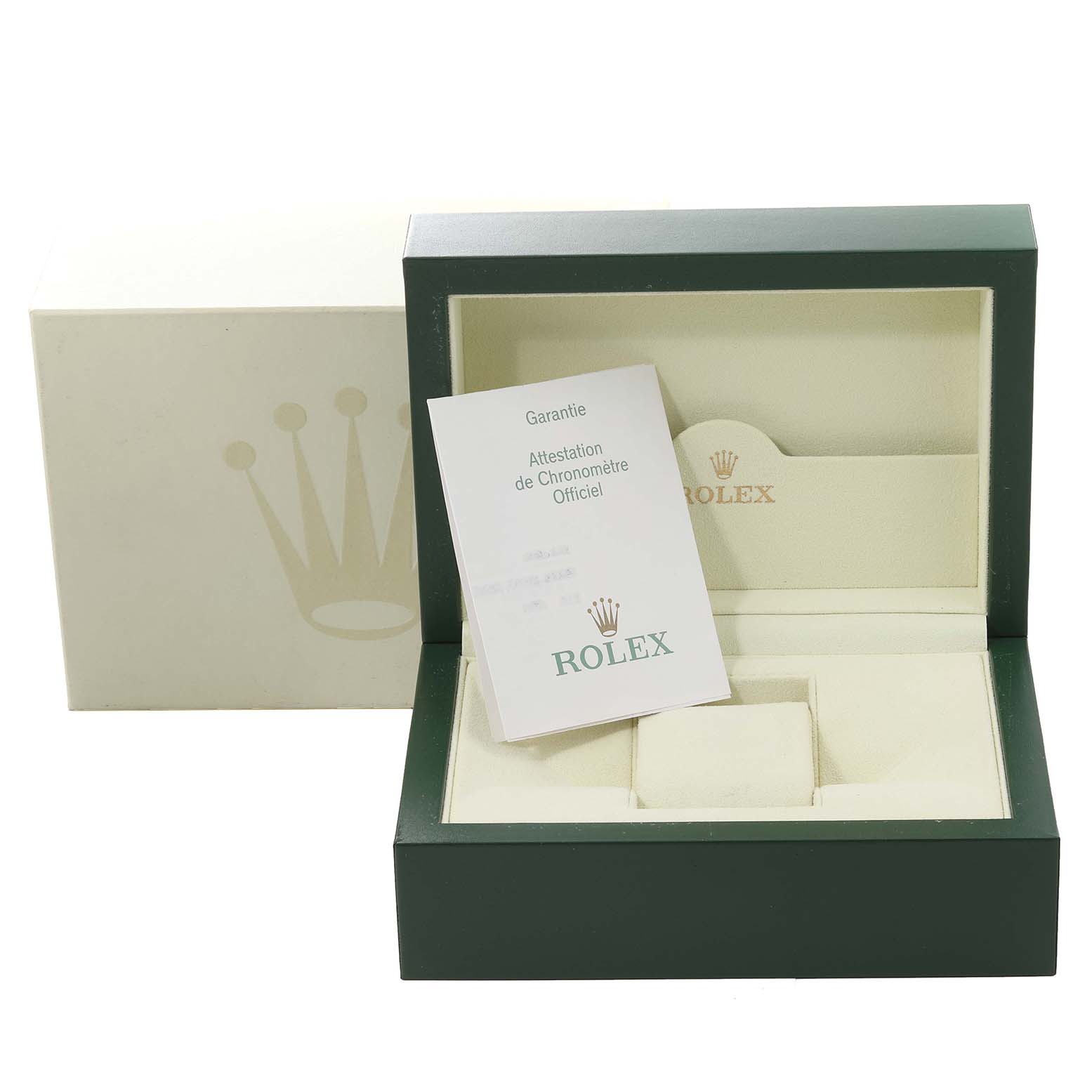 The image shows the packaging and warranty card of a Rolex Turn-o-Graph 116264 Men
s Stainless Steel Blue Dial 116264 Men
s Stainless Steel Blue Dial watch, with an open box and certification document.