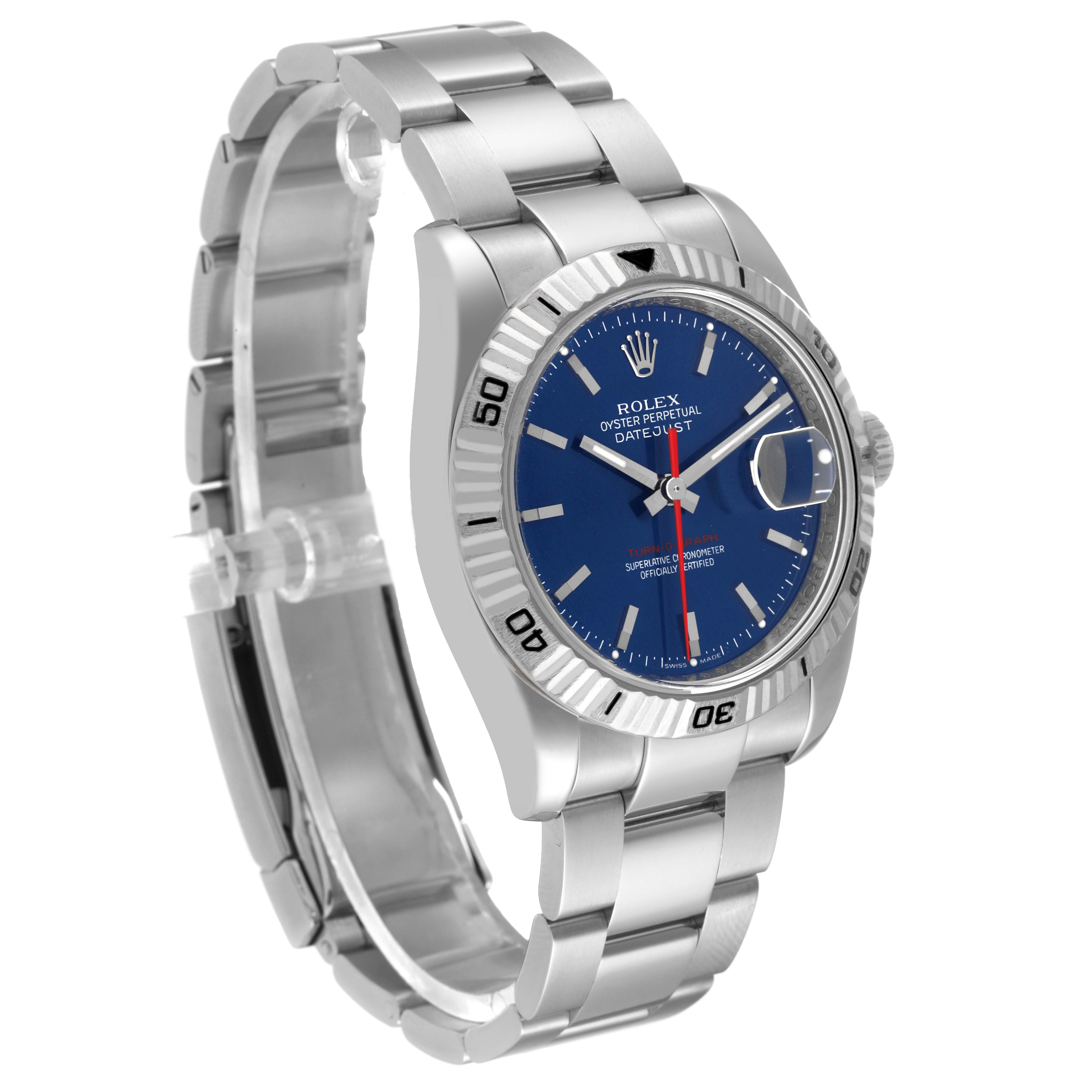 The image shows a Rolex Turn-o-Graph 116264 Men
s Stainless Steel Blue Dial 116264 Men
s Stainless Steel Blue Dial watch at an angle displaying the bracelet, case, and blue dial with a date window.