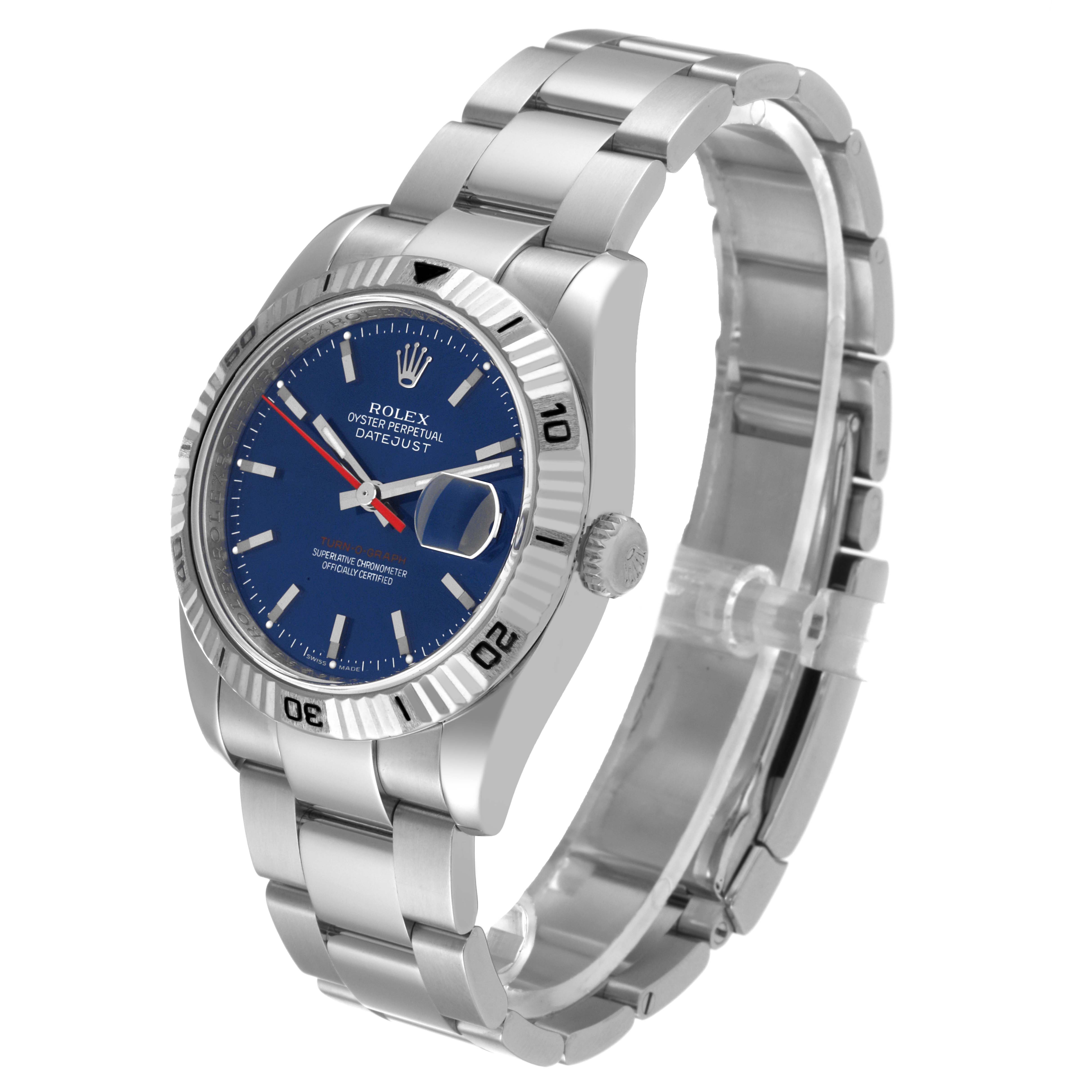 The image shows a side-angle view of the Rolex Turn-o-Graph 116264 Men
s Stainless Steel Blue Dial 116264 Men
s Stainless Steel Blue Dial watch displaying the dial, bezel, and bracelet.