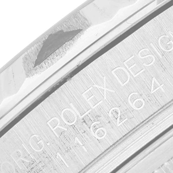 The image shows a close-up of the case side with engravings of the Rolex Turn-o-Graph 116264 Men
s Stainless Steel Blue Dial 116264 Men
s Stainless Steel Blue Dial model.