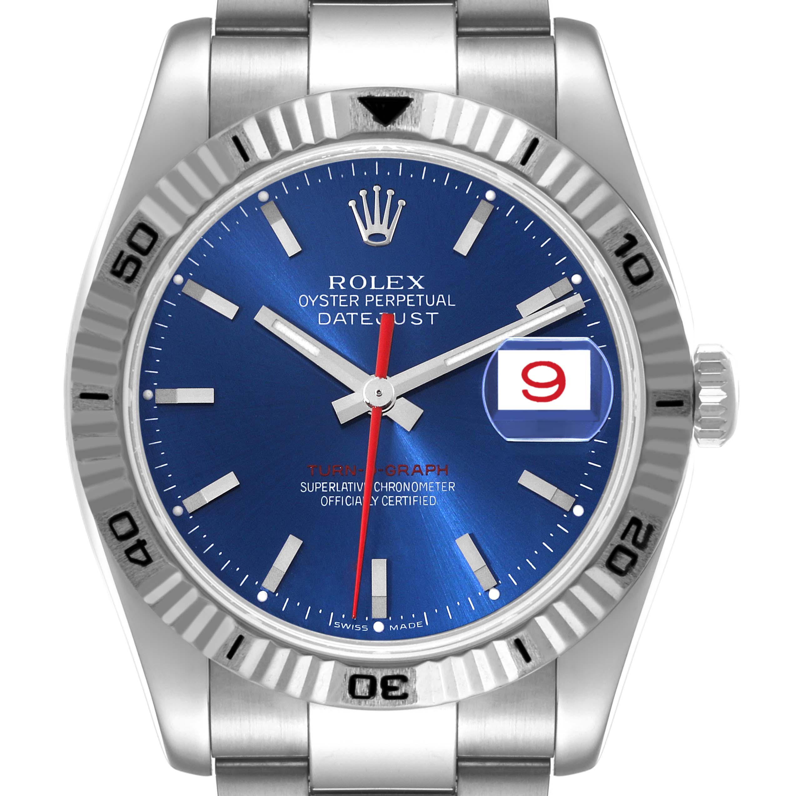 The image shows a front view of the Rolex Turn-o-Graph 116264 Men
s Stainless Steel Blue Dial 116264 Men
s Stainless Steel Blue Dial watch, highlighting its blue dial, bezel, and bracelet.