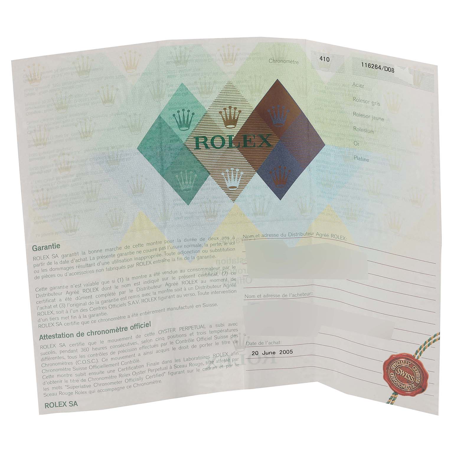 The image shows a warranty paper for the Rolex Turn-o-Graph 116264 Men
s Stainless Steel Blue Dial 116264 Men
s Stainless Steel Blue Dial model.