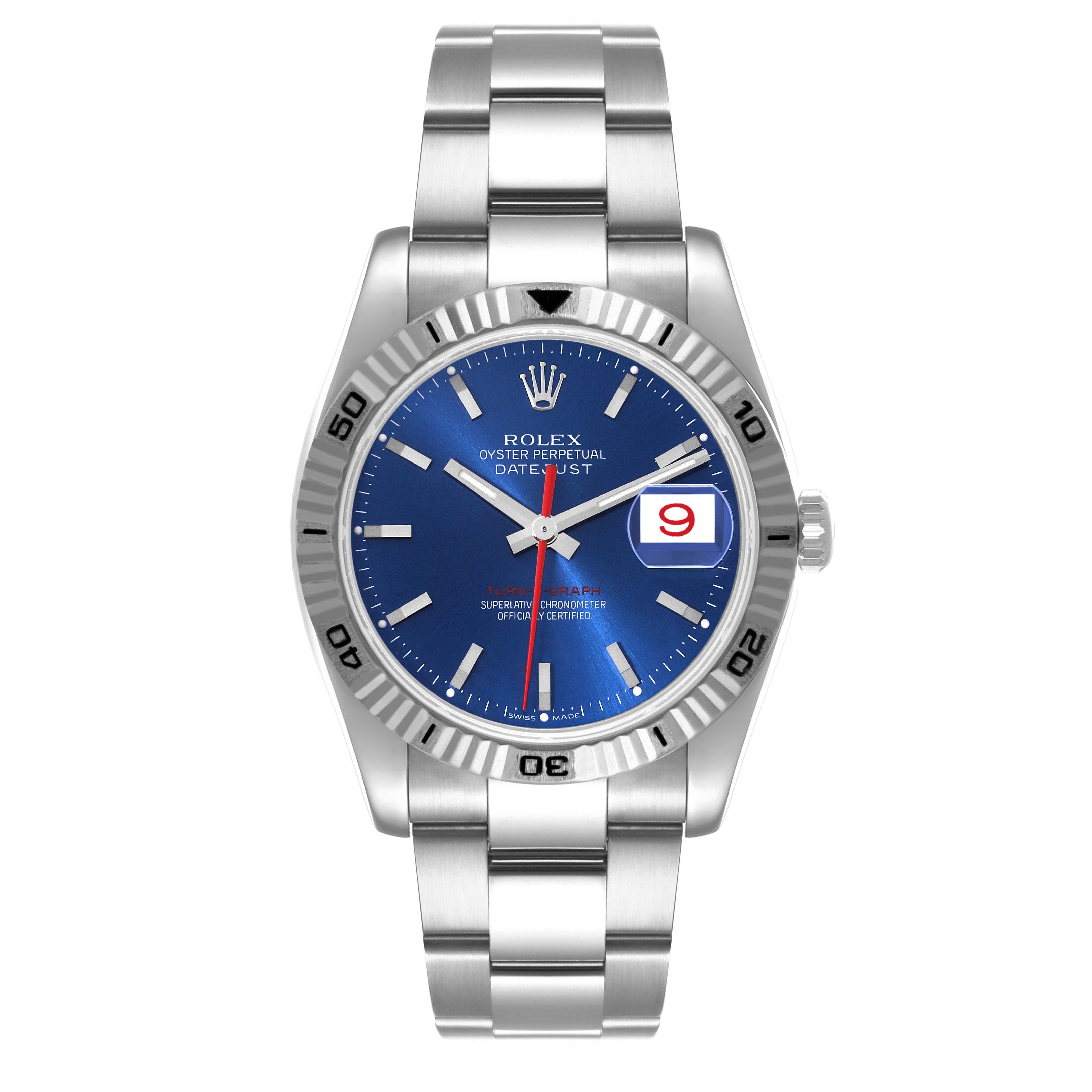 The image shows a Rolex Turn-o-Graph 116264 Men
s Stainless Steel Blue Dial 116264 Men
s Stainless Steel Blue Dial watch from a front angle, displaying its blue dial, date window, and stainless steel bracelet.
