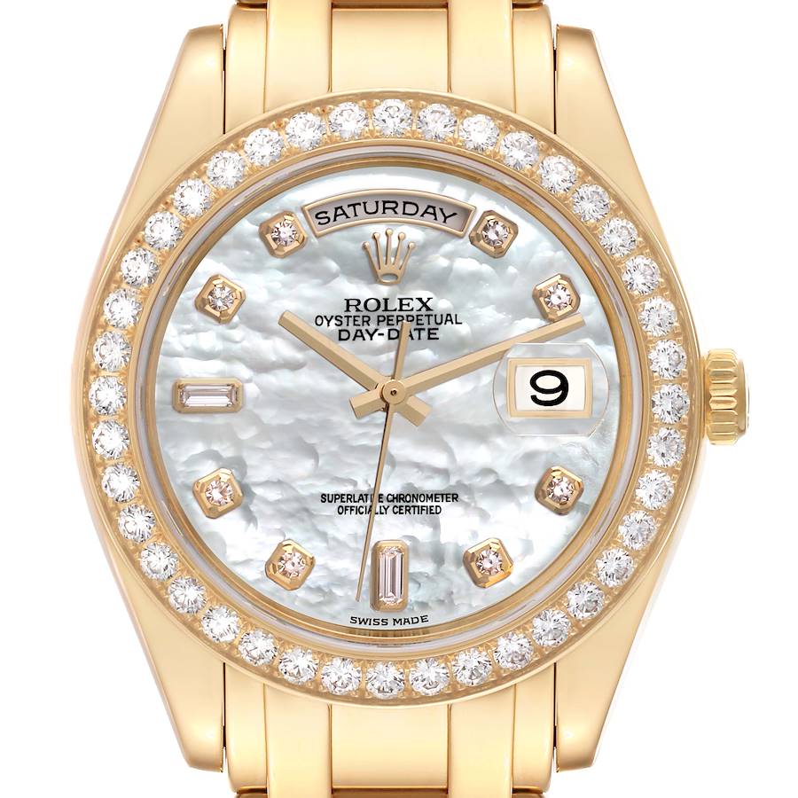 The image shows a frontal view of a Rolex Pearlmaster watch, highlighting its face, bezel, and bracelet.