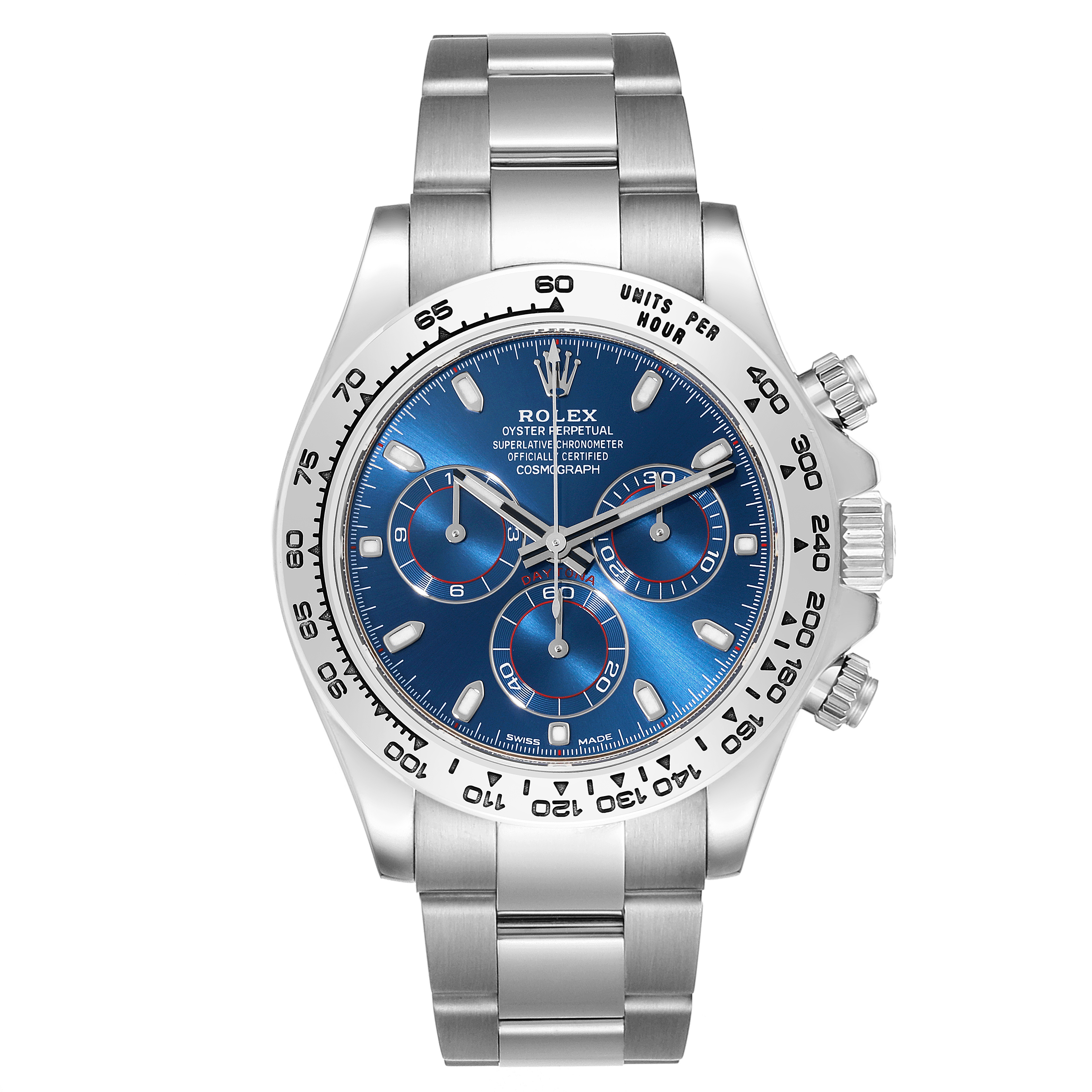 This image shows a front view of the Rolex Daytona 116509 Men's White Gold Blue Dial 116509 Men's White Gold Blue Dial watch, highlighting its blue dial, subdials, and stainless steel bracelet.