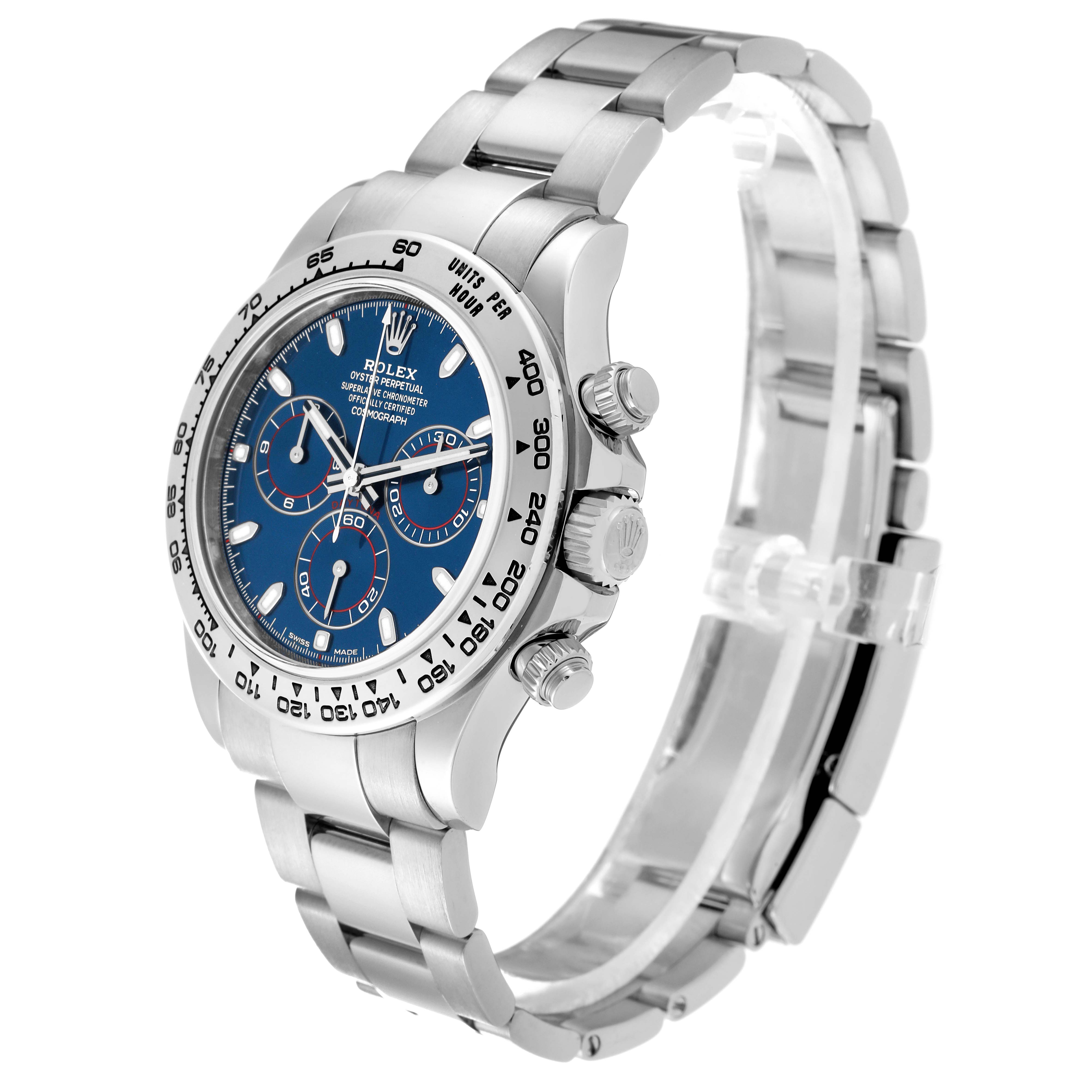 The image shows a stainless steel Rolex Daytona 116509 Men's White Gold Blue Dial 116509 Men's White Gold Blue Dial watch with a blue dial, viewed at an angle displaying its bracelet, bezel, and chronograph pushers.
