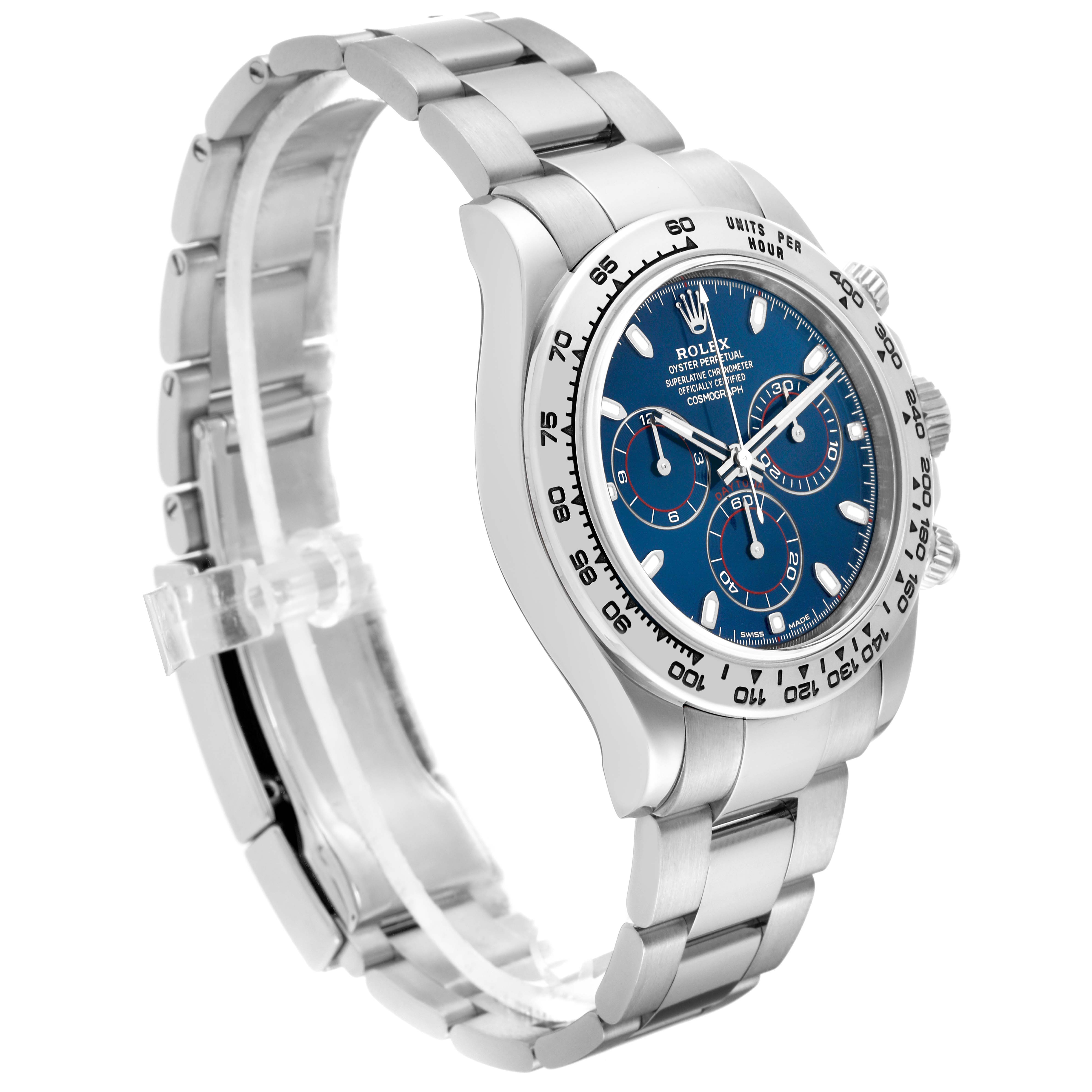 The Rolex Daytona 116509 Men's White Gold Blue Dial 116509 Men's White Gold Blue Dial watch model is shown from an angled side view, displaying the face, bezel, and bracelet.