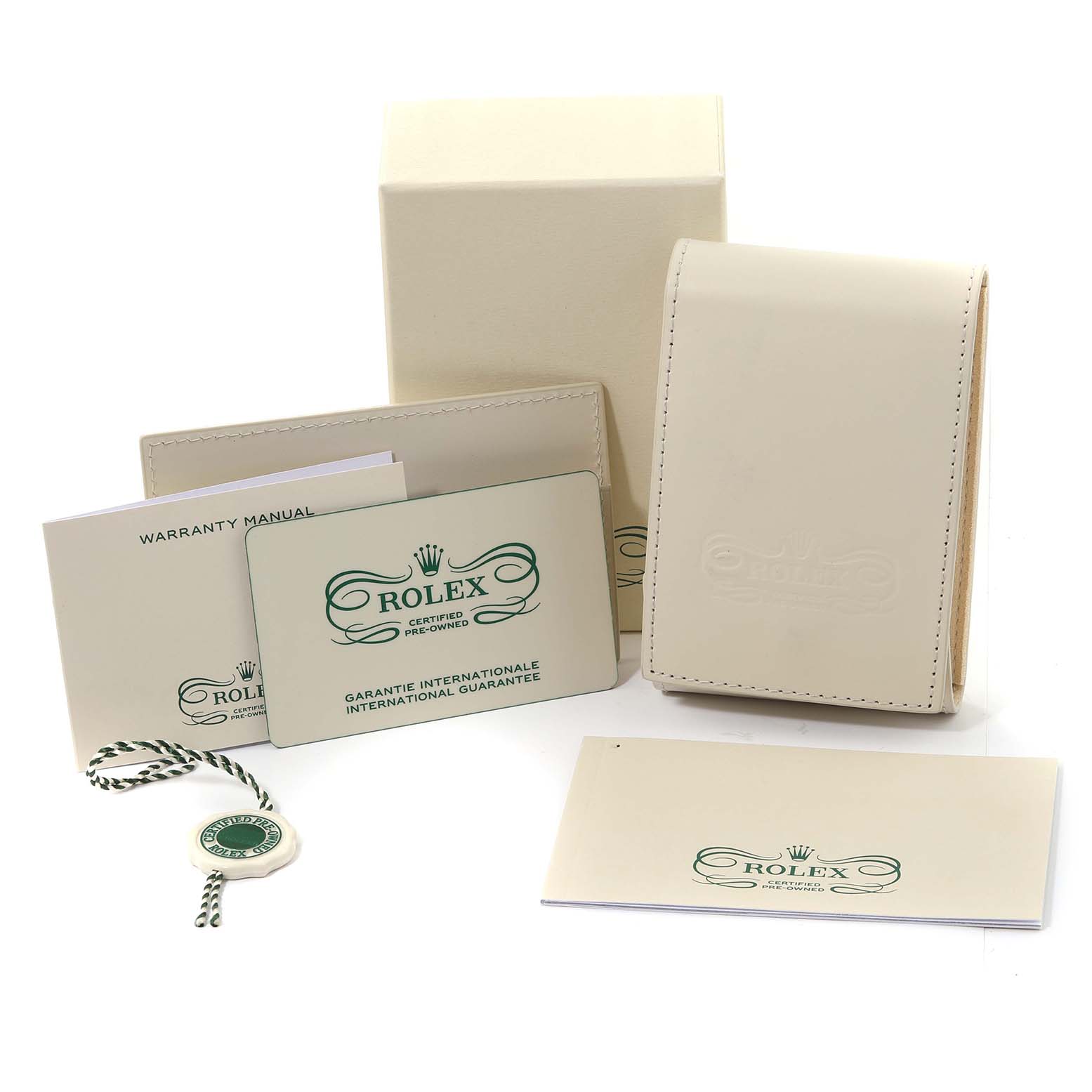 The image shows the packaging and accessories for a Rolex Daytona 116509 Men's White Gold Blue Dial 116509 Men's White Gold Blue Dial, including the box, warranty cards, manual, and tag.