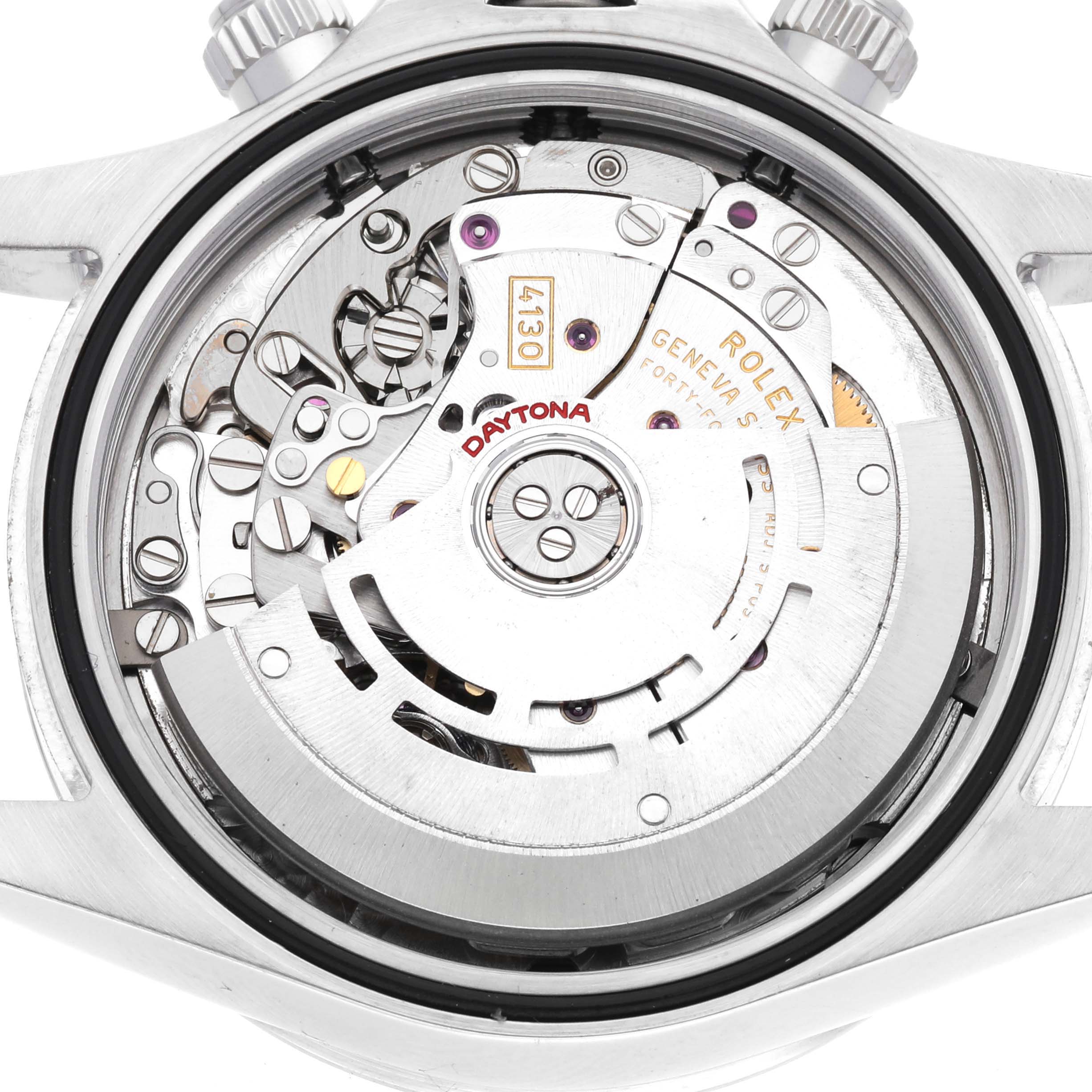 This image shows an open caseback view of the Rolex Daytona 116520 Men's Stainless Steel White Dial 116520 Men's Stainless Steel White Dial, revealing its intricate movement components.