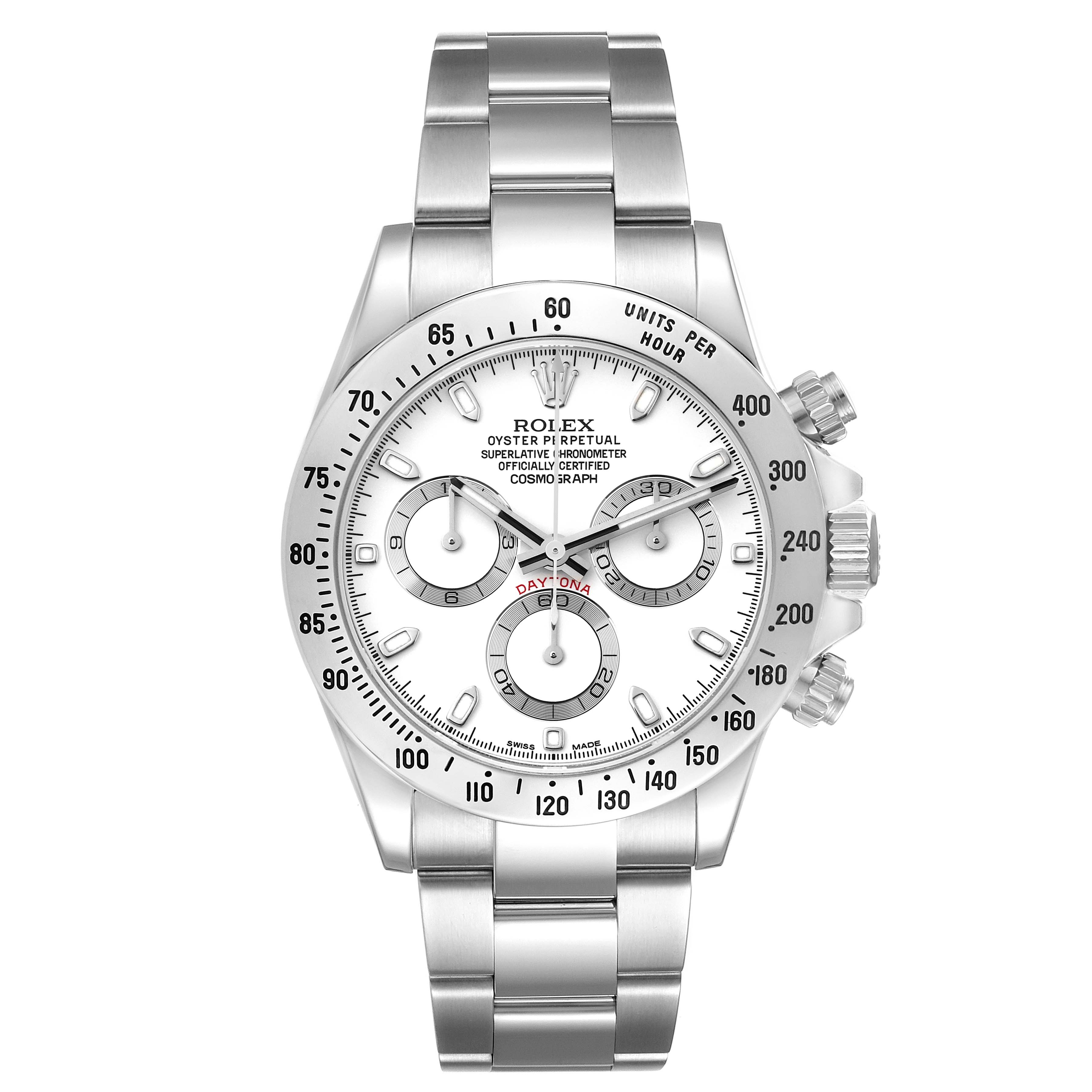 The image shows a front view of a Rolex Daytona 116520 Men's Stainless Steel White Dial 116520 Men's Stainless Steel White Dial watch, highlighting its dial, bezel, and bracelet.