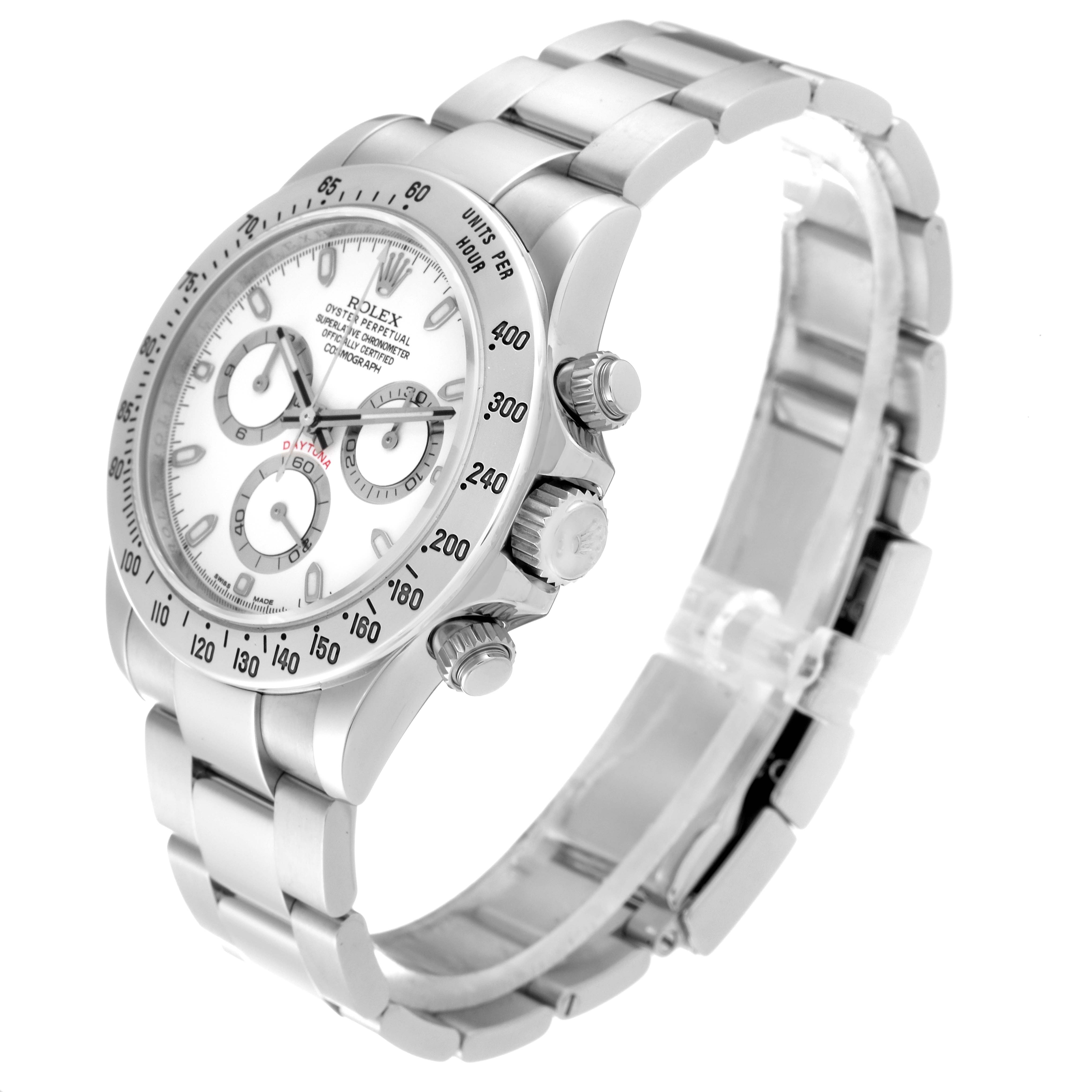 This image shows a Rolex Daytona 116520 Men's Stainless Steel White Dial 116520 Men's Stainless Steel White Dial model watch at an angled side view, displaying the face, bezel, pushers, and bracelet.
