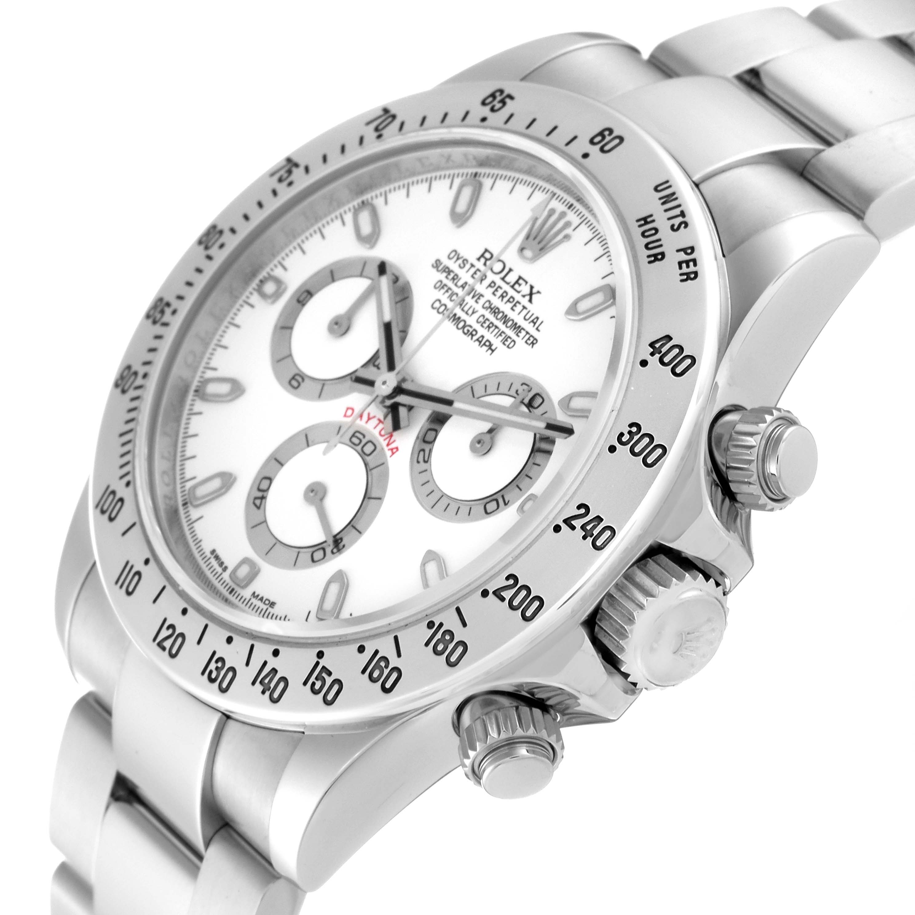The Rolex Daytona 116520 Men's Stainless Steel White Dial 116520 Men's Stainless Steel White Dial watch is shown at a slight side angle, highlighting the dial, bezel, crown, pushers, and part of the bracelet.