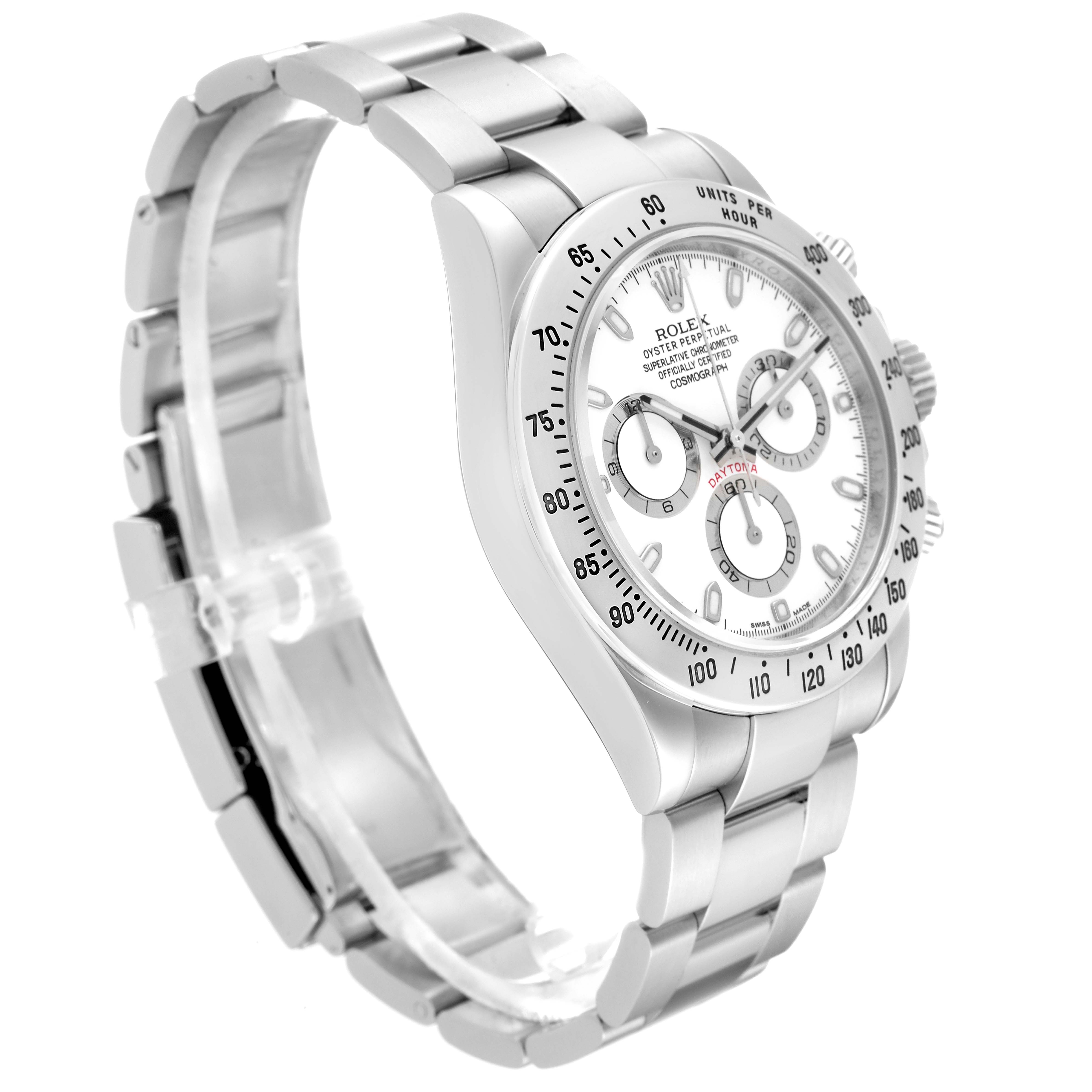 This image shows a Rolex Daytona 116520 Men's Stainless Steel White Dial 116520 Men's Stainless Steel White Dial watch from a left-side angle, highlighting its dial, bezel, bracelet, and pushers.