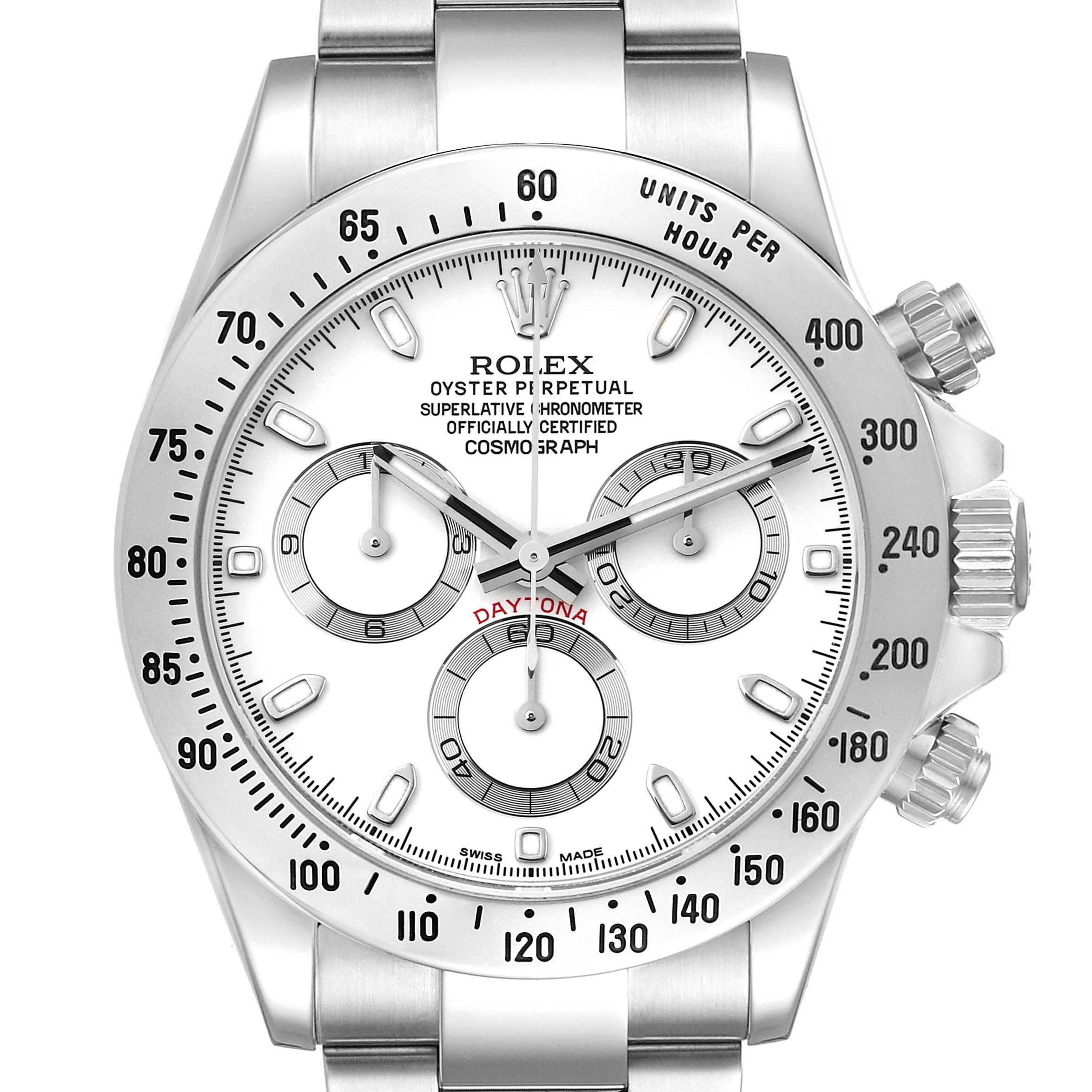 The image shows a front angle of a Rolex Daytona 116520 Men's Stainless Steel White Dial 116520 Men's Stainless Steel White Dial watch, highlighting the dial, bezel, and chronograph sub-dials.