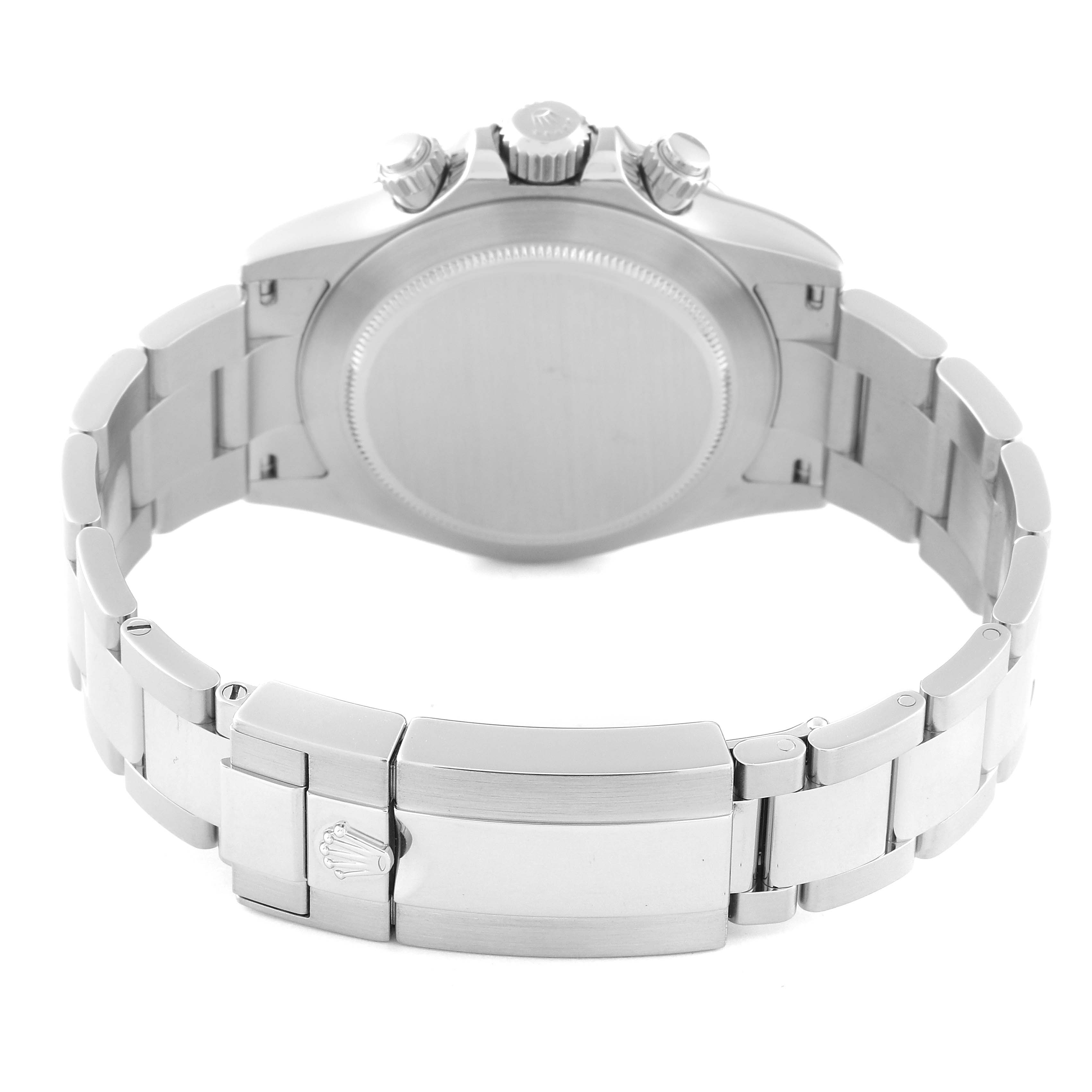 The image shows the back case and bracelet of a Rolex Daytona 116520 Men's Stainless Steel White Dial 116520 Men's Stainless Steel White Dial watch from a rear angle.