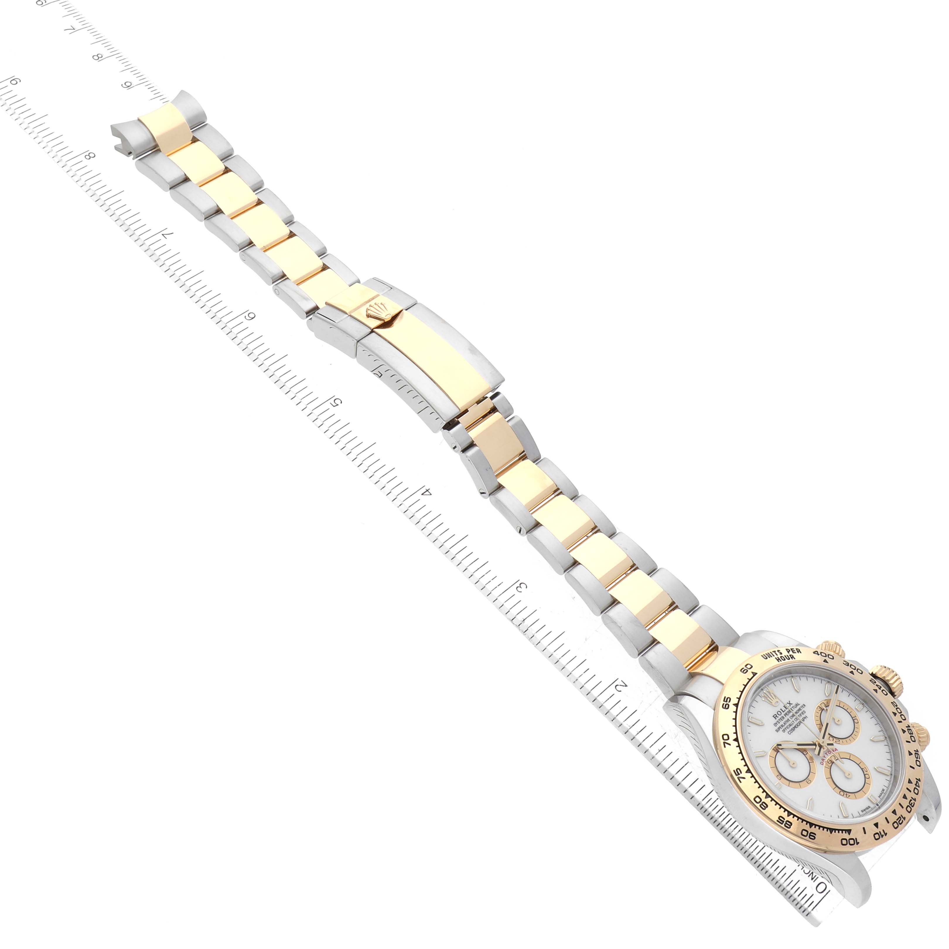 The image shows a top-down view of the Rolex Daytona 126503 Men's Steel and Gold (two tone) White Dial 126503 Men's Steel and Gold (two tone) White Dial watch, displaying the face, bezel, and full Oyster bracelet with a clasp.