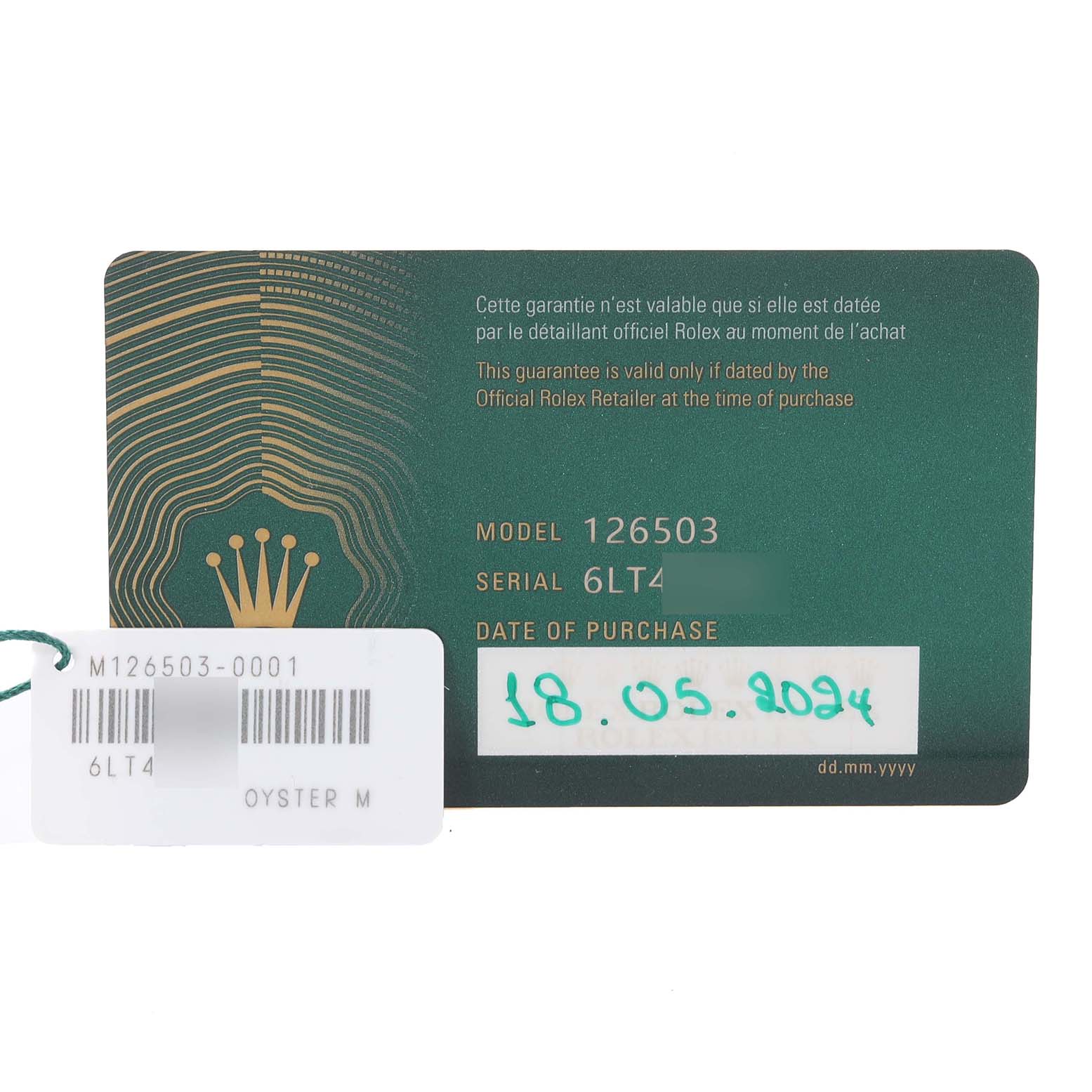 This image shows the warranty card for a Rolex Daytona 126503 Men's Steel and Gold (two tone) White Dial 126503 Men's Steel and Gold (two tone) White Dial model 126503, displaying the serial number and date of purchase.