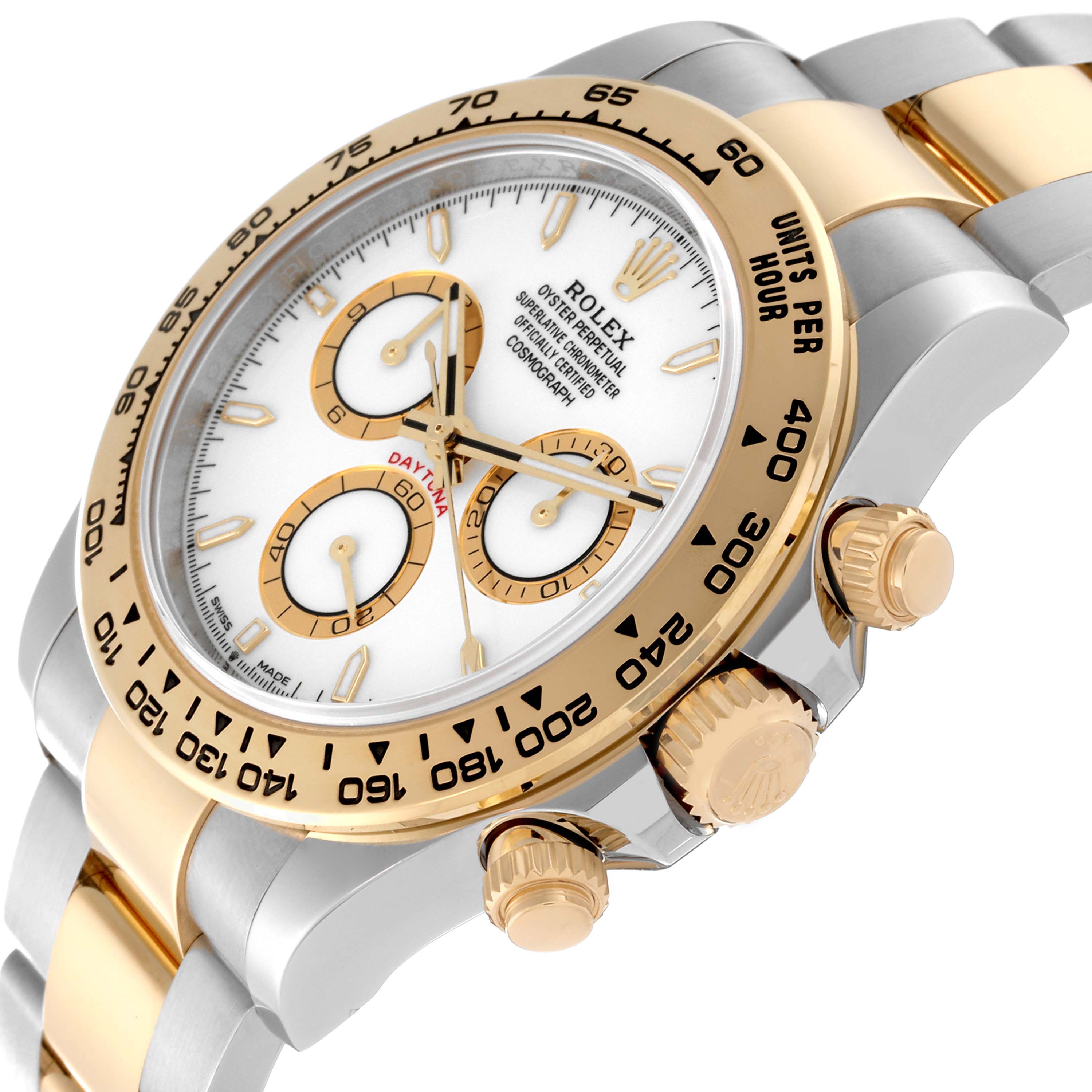 The Rolex Daytona 126503 Men's Steel and Gold (two tone) White Dial 126503 Men's Steel and Gold (two tone) White Dial watch is shown at an angle highlighting its face, bezel, crown, and pushers.