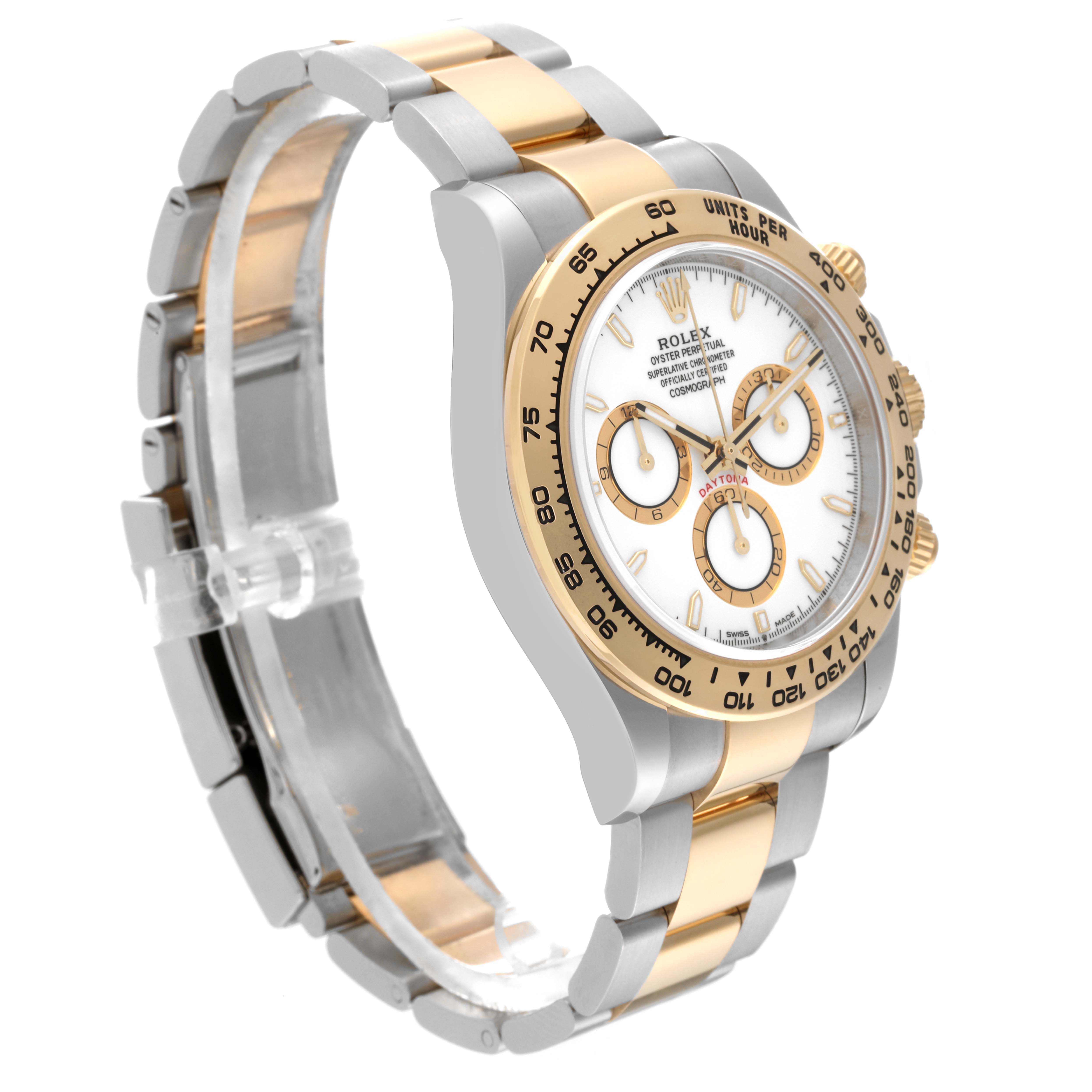 The image shows a side angle of a Rolex Daytona 126503 Men's Steel and Gold (two tone) White Dial 126503 Men's Steel and Gold (two tone) White Dial watch with a two-tone band and a white dial.