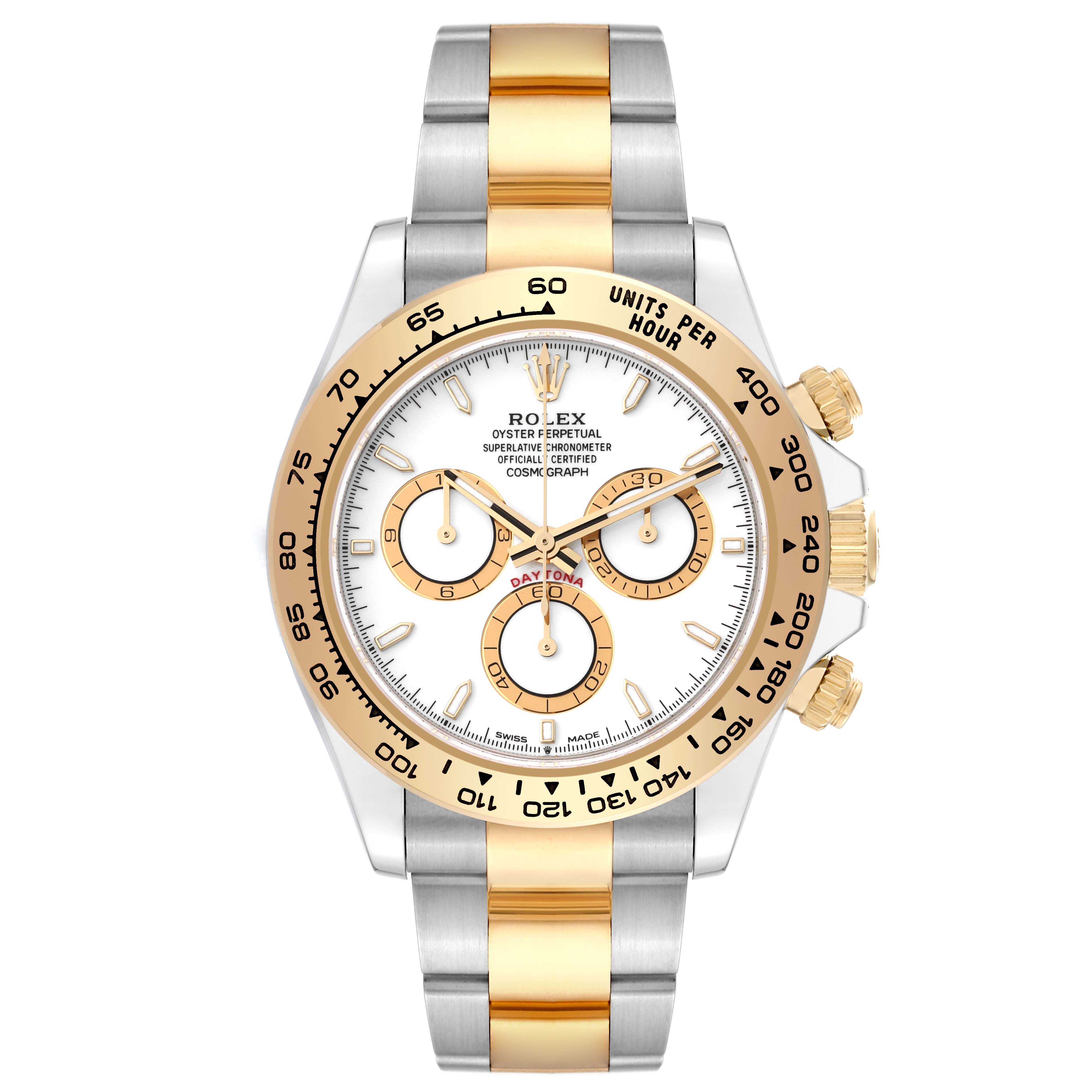 The image shows a front view of a Rolex Daytona 126503 Men's Steel and Gold (two tone) White Dial 126503 Men's Steel and Gold (two tone) White Dial watch, featuring a gold and silver bracelet and a white dial with gold accents.