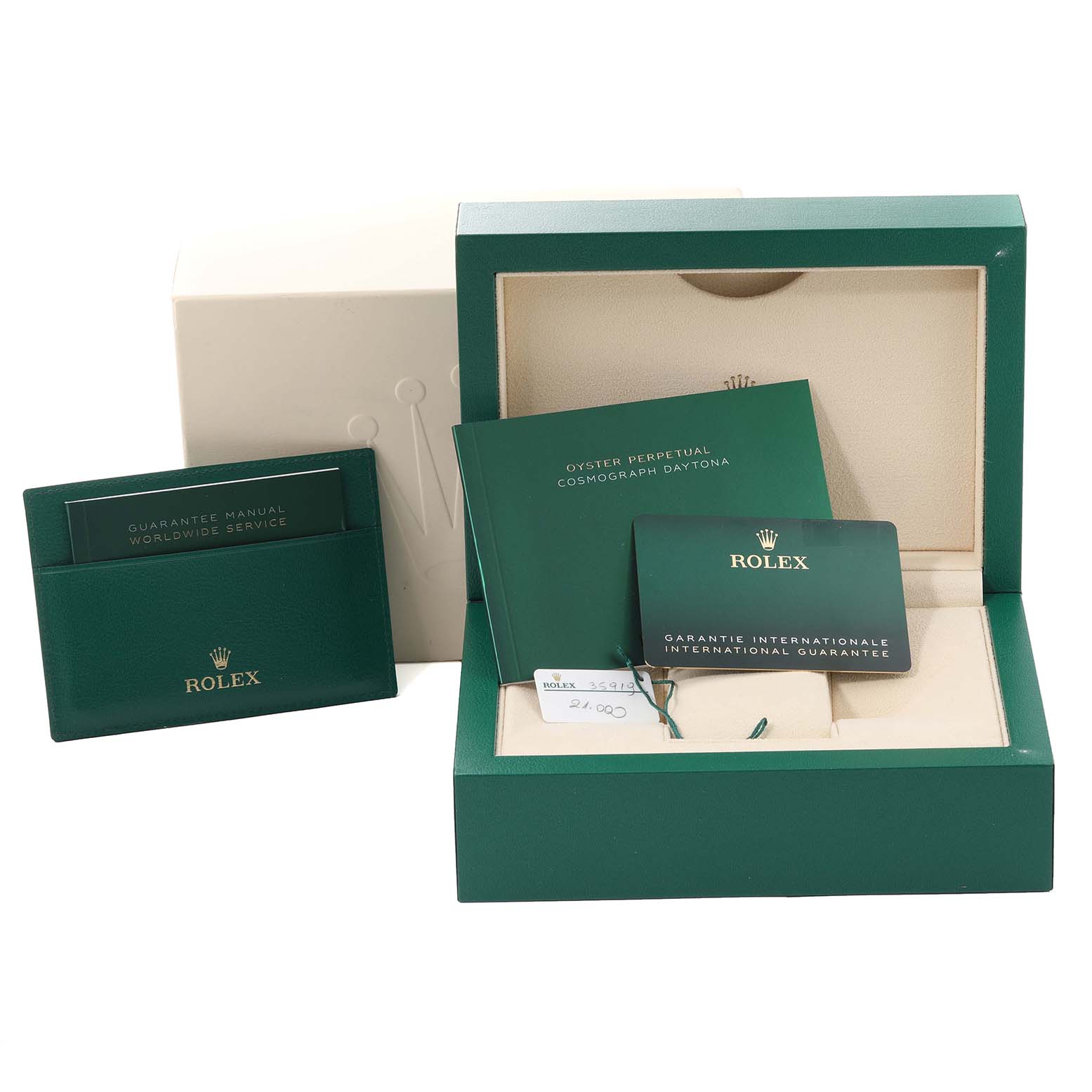 The image shows the packaging, manuals, and guarantee card for a Rolex Daytona 126503 Men's Steel and Gold (two tone) White Dial 126503 Men's Steel and Gold (two tone) White Dial watch.
