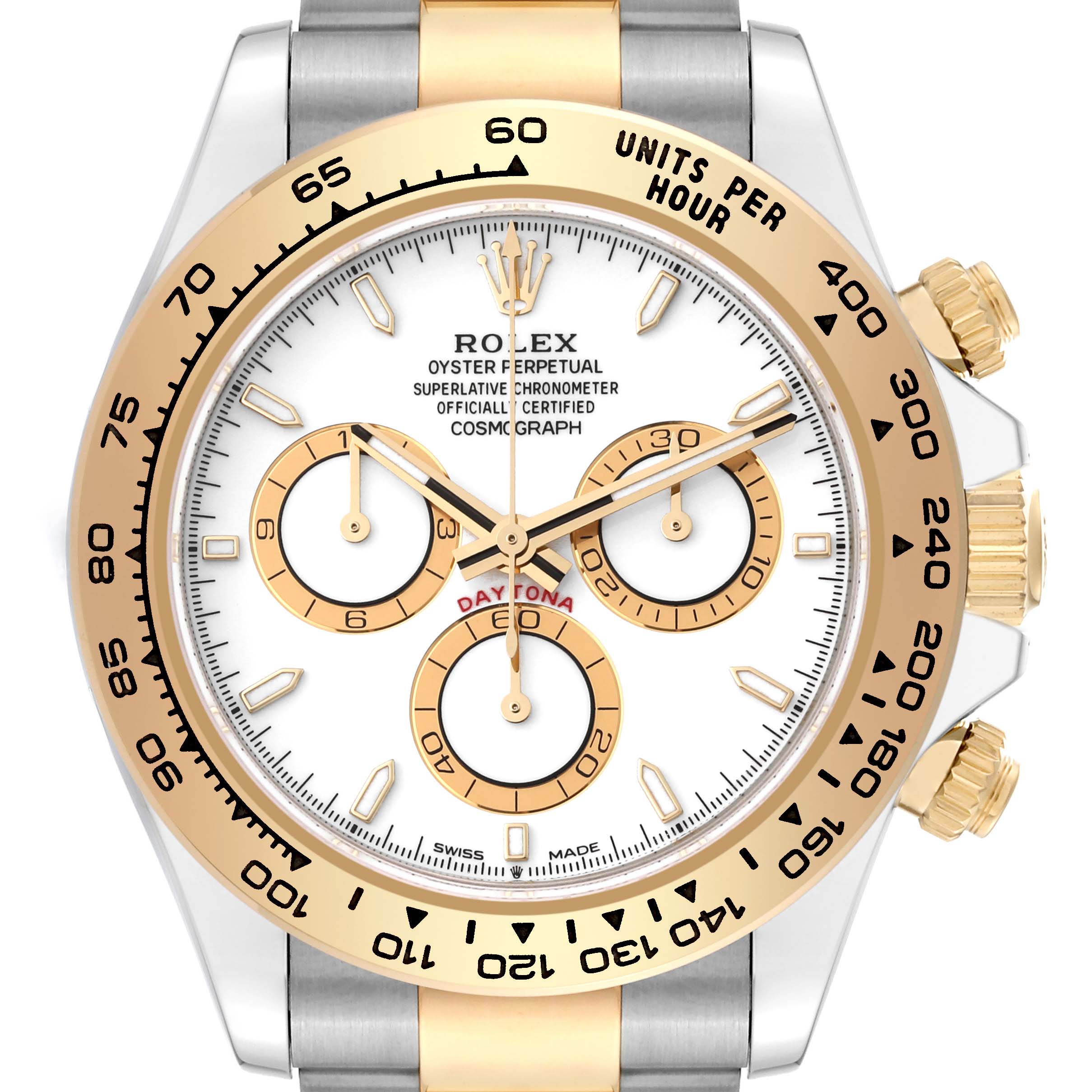The image shows a frontal view of a Rolex Daytona 126503 Men's Steel and Gold (two tone) White Dial 126503 Men's Steel and Gold (two tone) White Dial watch, highlighting its dial, tachymeter bezel, and chronograph subdials.