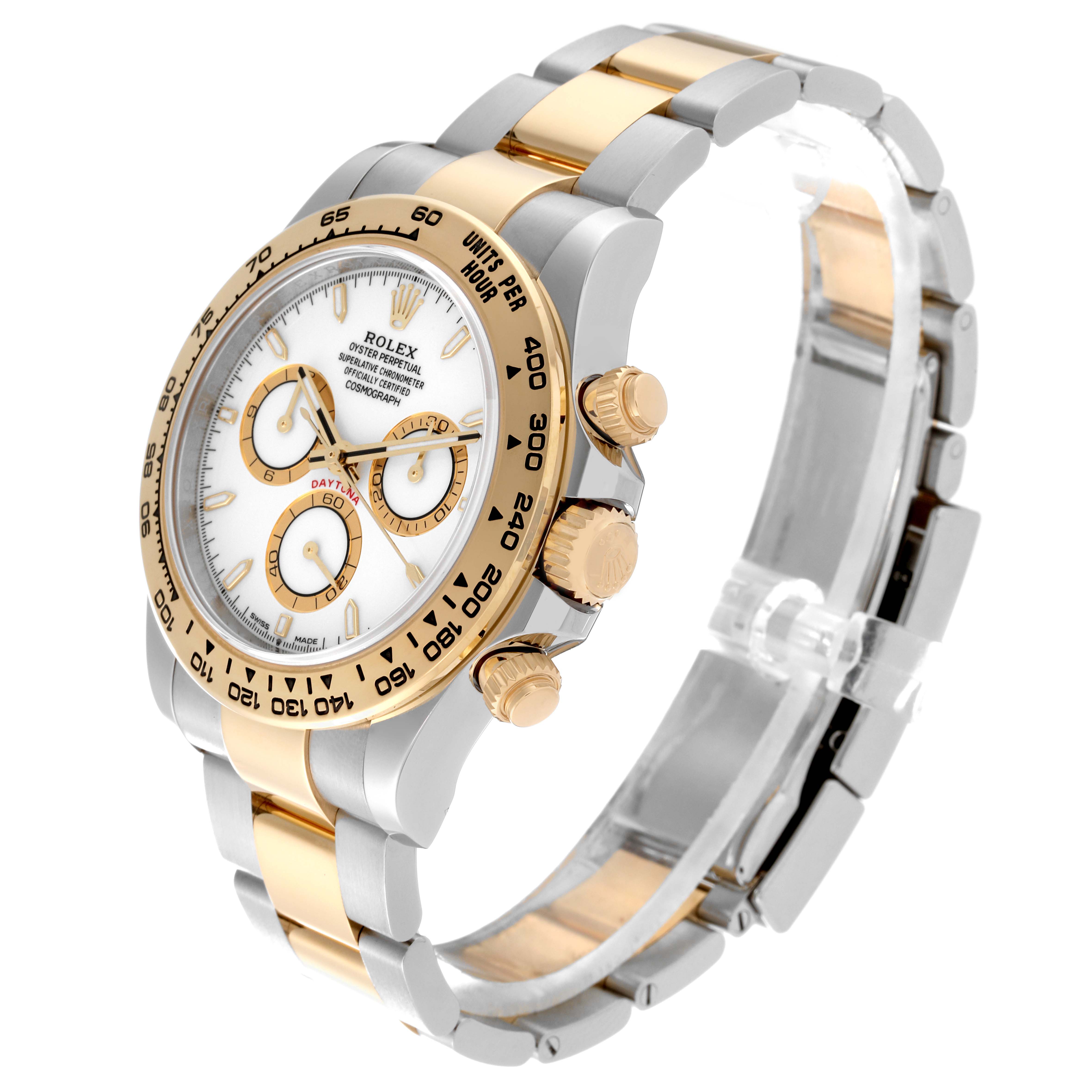 This Rolex Daytona 126503 Men's Steel and Gold (two tone) White Dial 126503 Men's Steel and Gold (two tone) White Dial watch is shown at a three-quarter angle, highlighting the dial, bezel, crown, and bracelet.