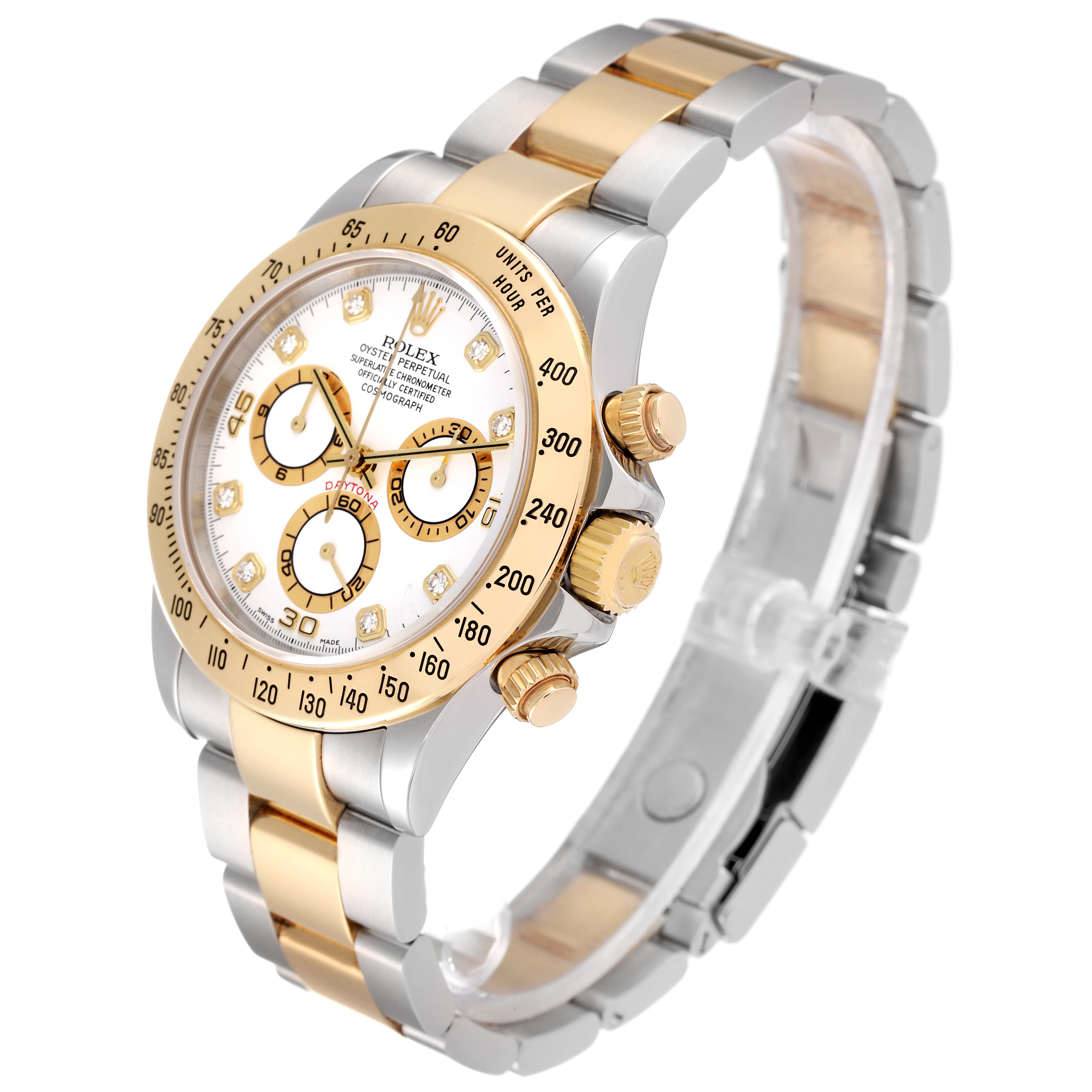 The Rolex Daytona 116523 Men
s Steel and Gold (two tone) White Dial 116523 Men
s Steel and Gold (two tone) White Dial watch is shown from an angled side view, displaying its bezel, dial, chronograph subdials, and bracelet.