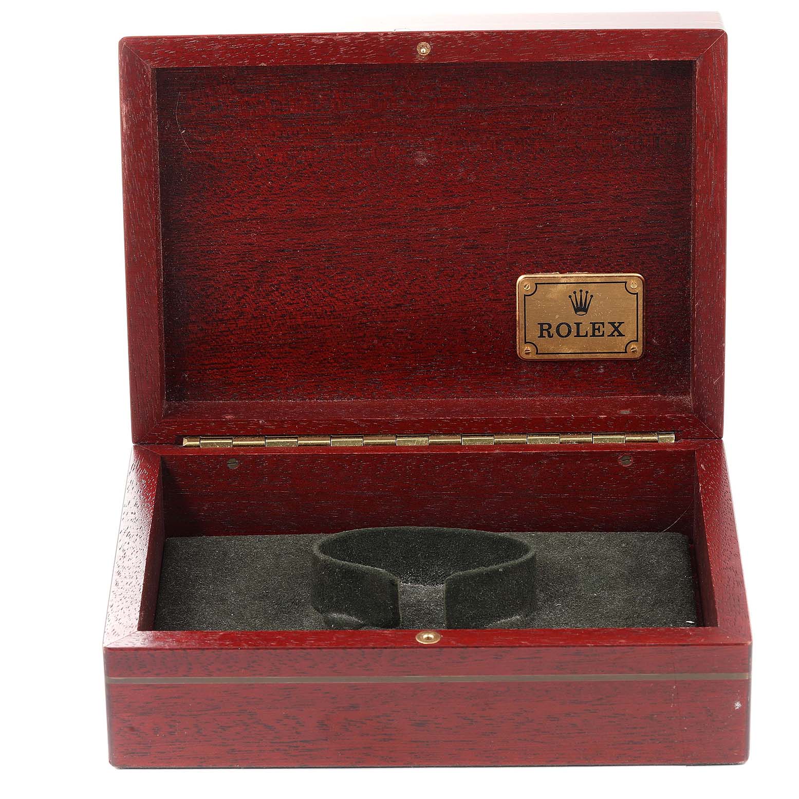 The image shows a wooden Rolex watch box for the Daytona model, open with a velvet interior.