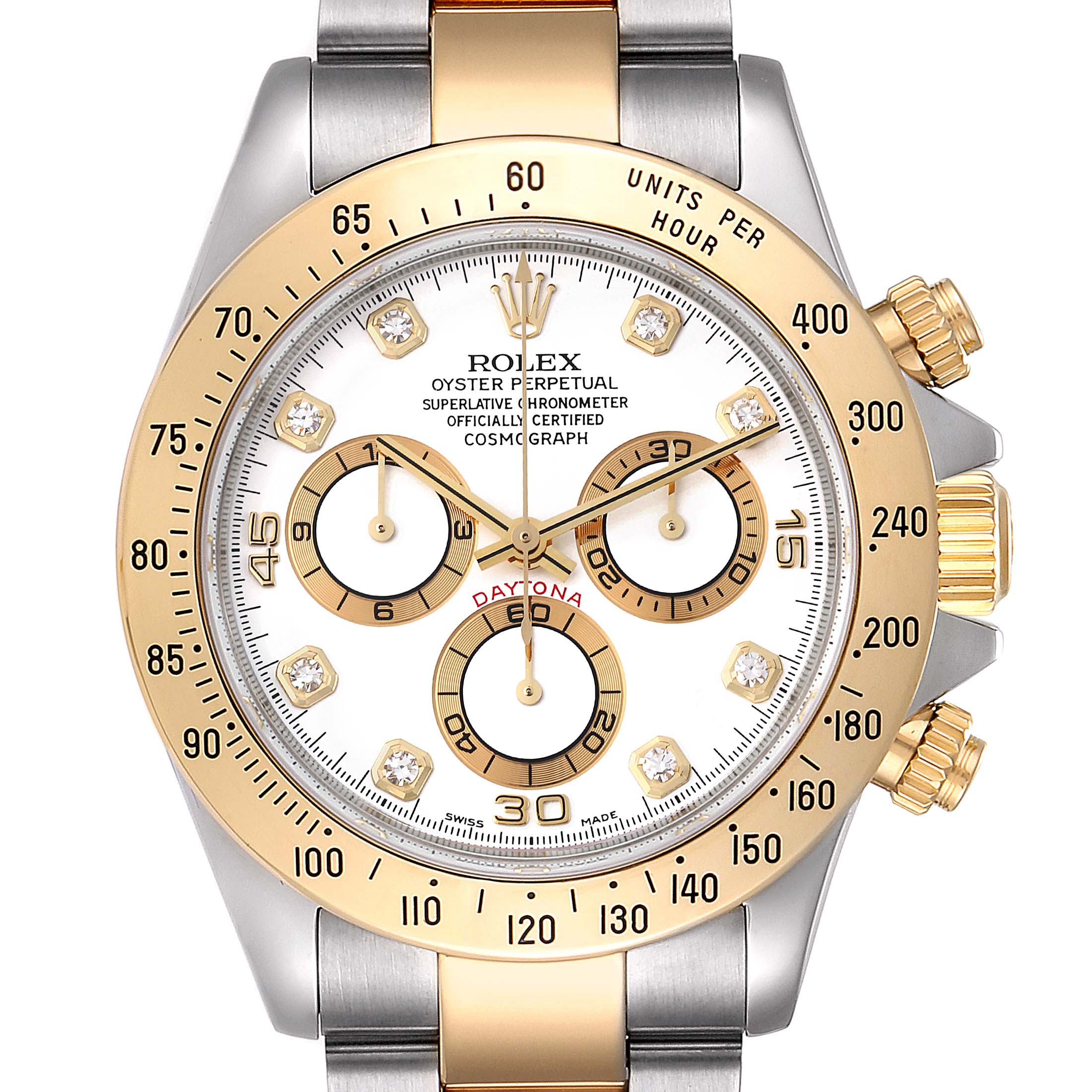 This image shows a Rolex Daytona 116523 Men
s Steel and Gold (two tone) White Dial 116523 Men
s Steel and Gold (two tone) White Dial watch from the front, highlighting its face, bezel, subdials, and two-tone bracelet.