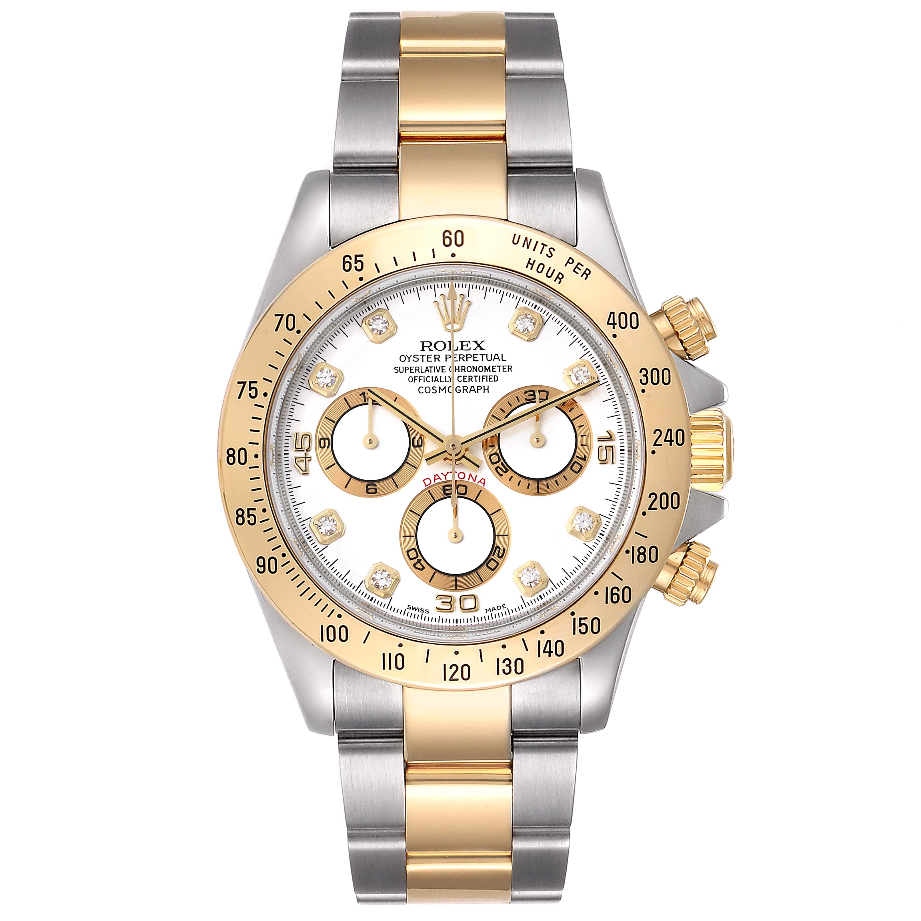 This image shows a front view of a Rolex Daytona 116523 Men
s Steel and Gold (two tone) White Dial 116523 Men
s Steel and Gold (two tone) White Dial watch, highlighting its dial, bezel, and two-tone bracelet.
