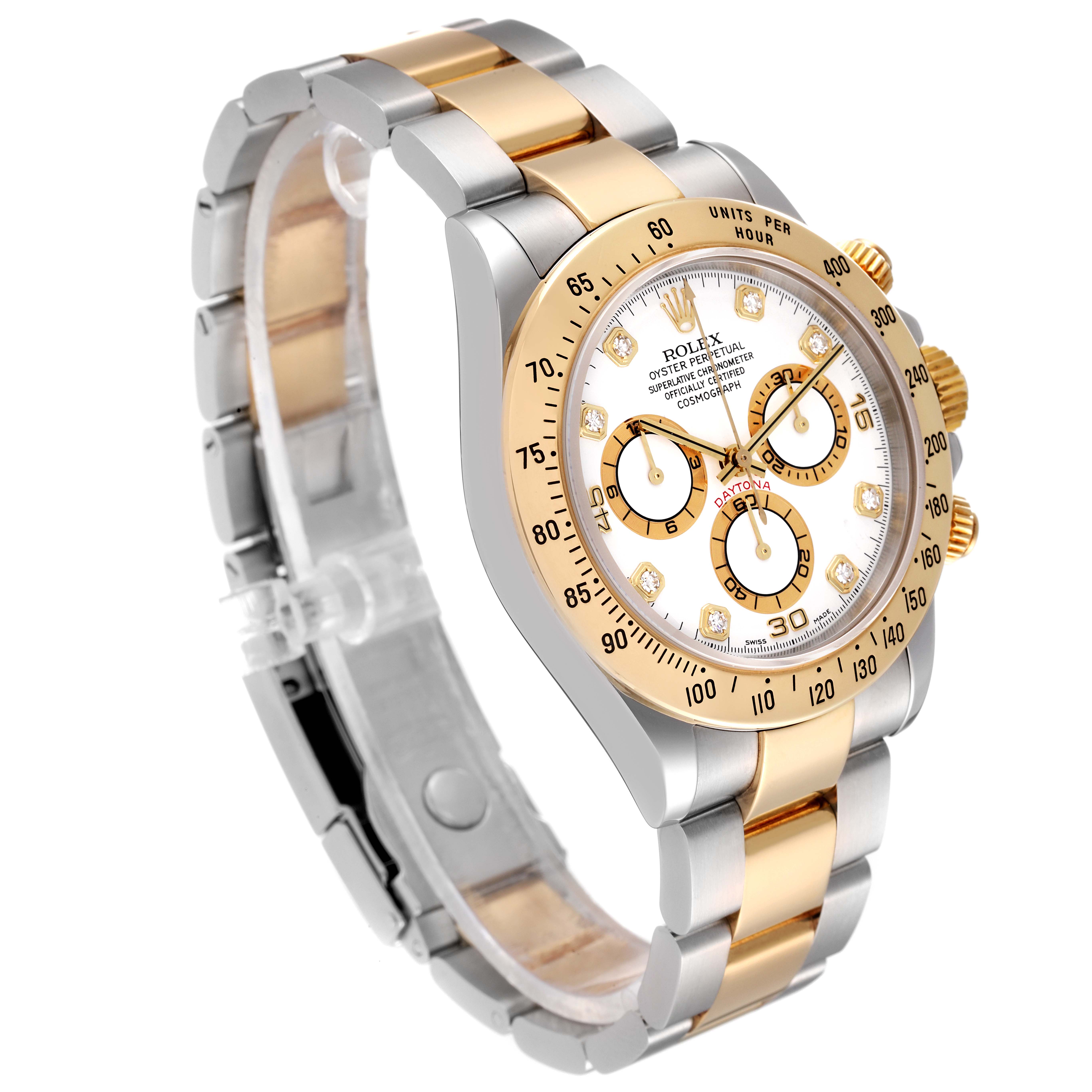 The image shows a side angle view of a Rolex Daytona 116523 Men
s Steel and Gold (two tone) White Dial 116523 Men
s Steel and Gold (two tone) White Dial watch, highlighting its two-tone bracelet, chronograph dials, and bezel.