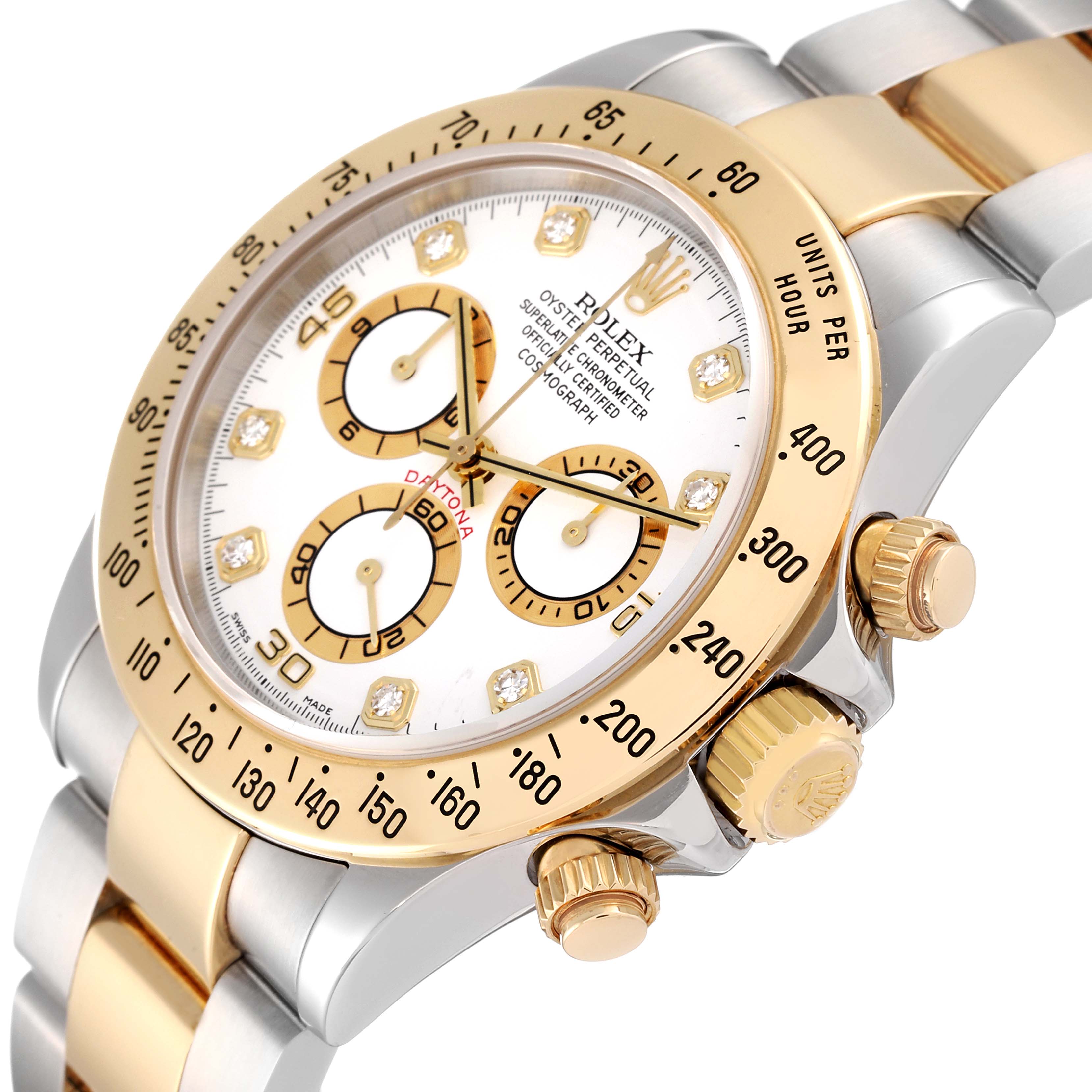 Close-up angle of a Rolex Daytona 116523 Men
s Steel and Gold (two tone) White Dial 116523 Men
s Steel and Gold (two tone) White Dial watch showing the bezel, crown, chronograph buttons, and part of the bracelet.