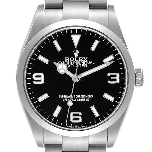 The image shows a front view of a Rolex Explorer watch, displaying the face, hands, and part of the bracelet.