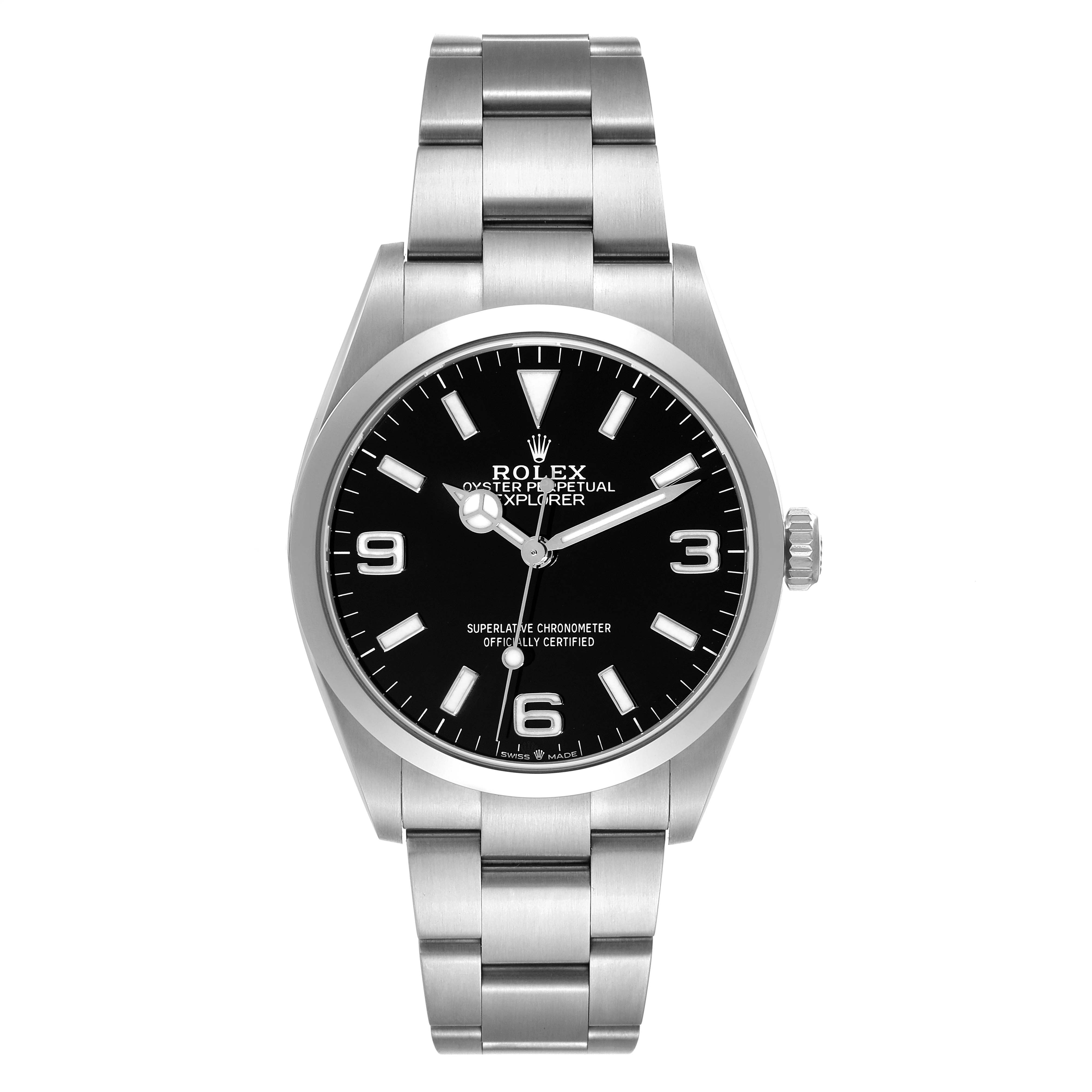 The image shows a frontal view of a Rolex Explorer 124270 Men
s Stainless Steel Black Dial 124270 Men
s Stainless Steel Black Dial model, displaying the watch face, bezel, crown, and bracelet.