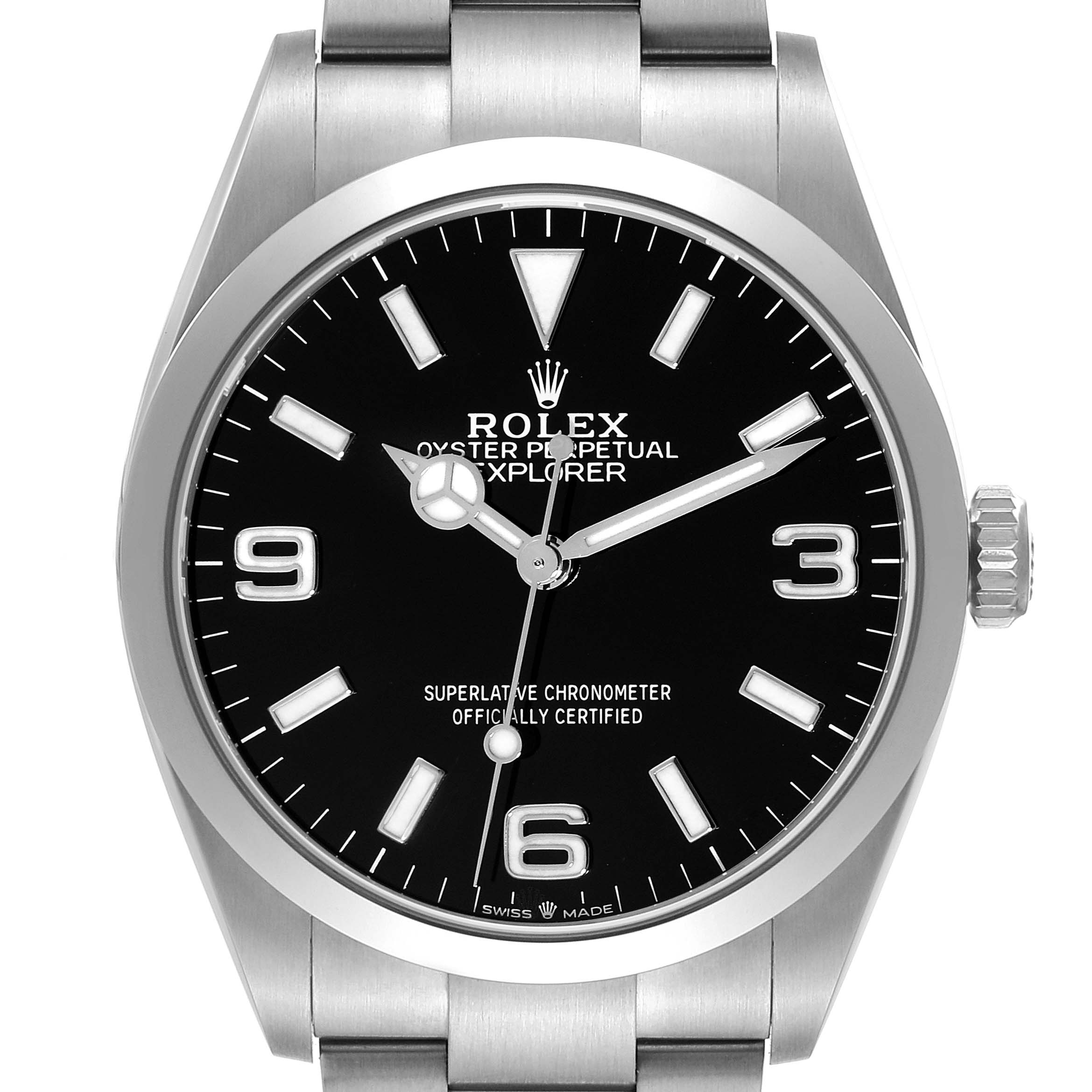 The image shows a front view of the Rolex Explorer 124270 Men
s Stainless Steel Black Dial 124270 Men
s Stainless Steel Black Dial watch, displaying the dial, hands, case, and part of the bracelet.