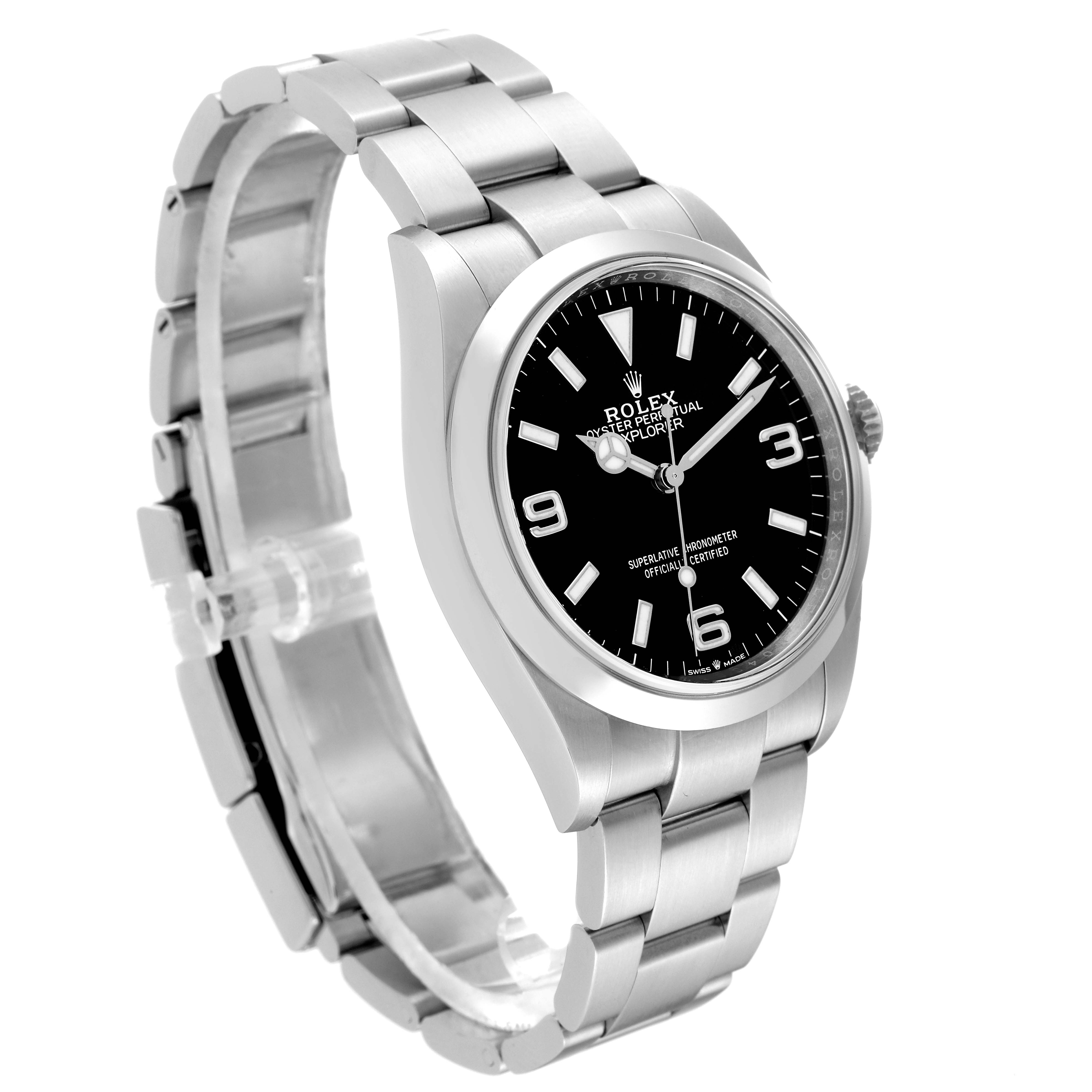 The image shows a side angle of a Rolex Explorer 124270 Men
s Stainless Steel Black Dial 124270 Men
s Stainless Steel Black Dial watch, featuring its bracelet, case, and face.