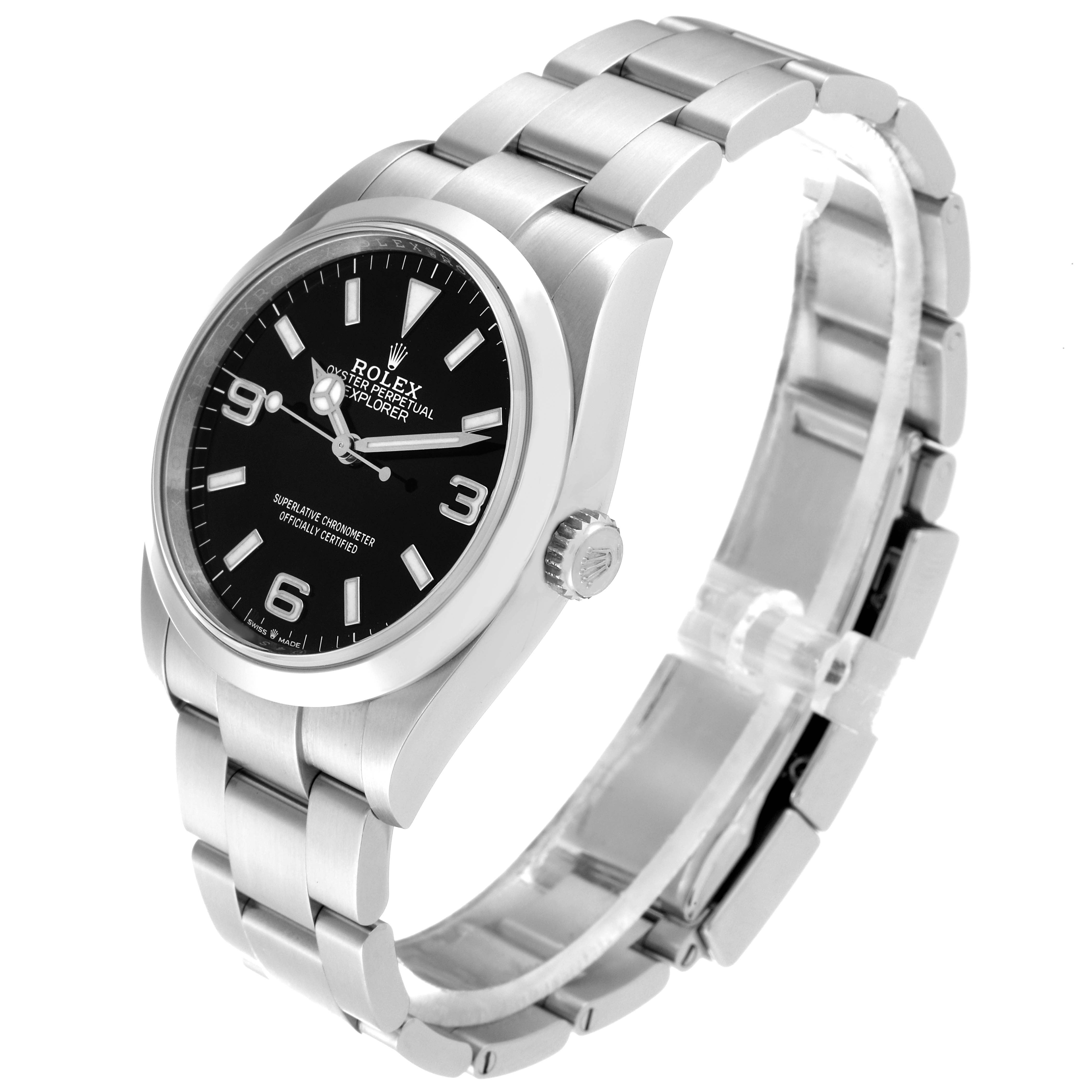 The Rolex Explorer 124270 Men
s Stainless Steel Black Dial 124270 Men
s Stainless Steel Black Dial watch is displayed at an angled side view, showcasing the face, bezel, crown, and bracelet.