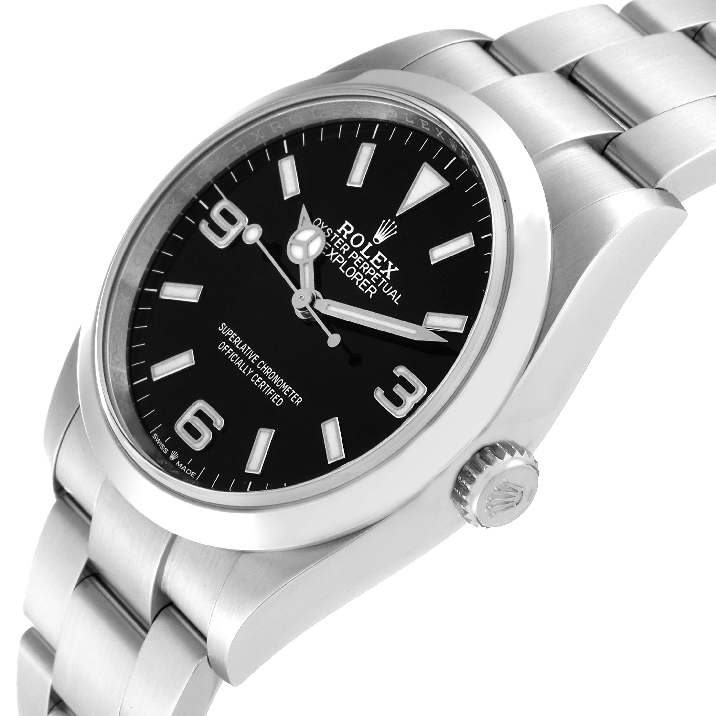 The image shows a side angle of the Rolex Explorer 124270 Men
s Stainless Steel Black Dial 124270 Men
s Stainless Steel Black Dial watch, highlighting the dial, crown, and part of the bracelet.