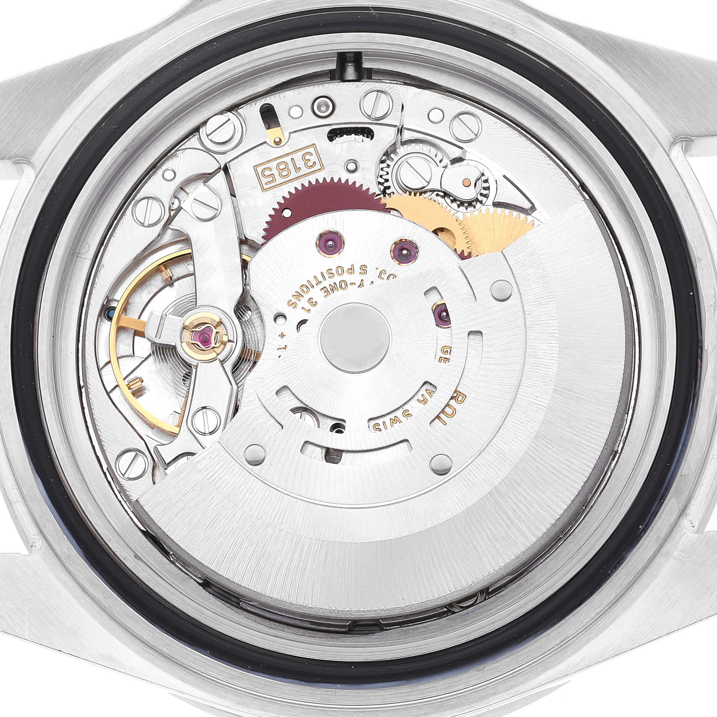This image shows the inner mechanical movement of a Rolex Explorer 16570 Men
s Stainless Steel White Dial 16570 Men
s Stainless Steel White Dial watch from a back-case angle.